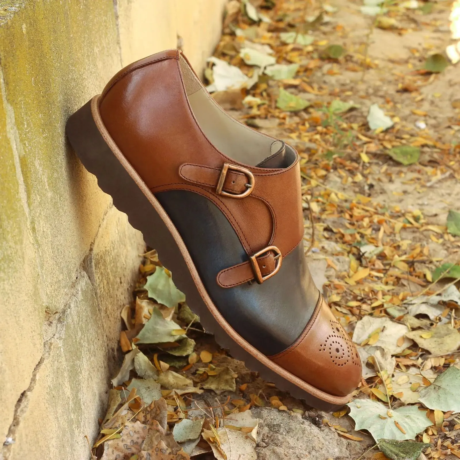 DapperFam Monaco in Med Brown / Navy Men's Italian Leather Double Monk
