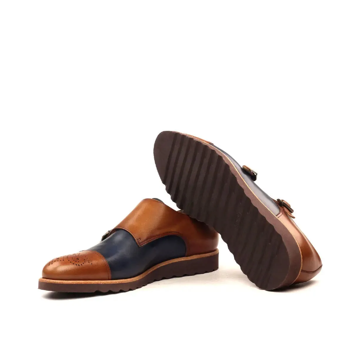 DapperFam Monaco in Med Brown / Navy Men's Italian Leather Double Monk