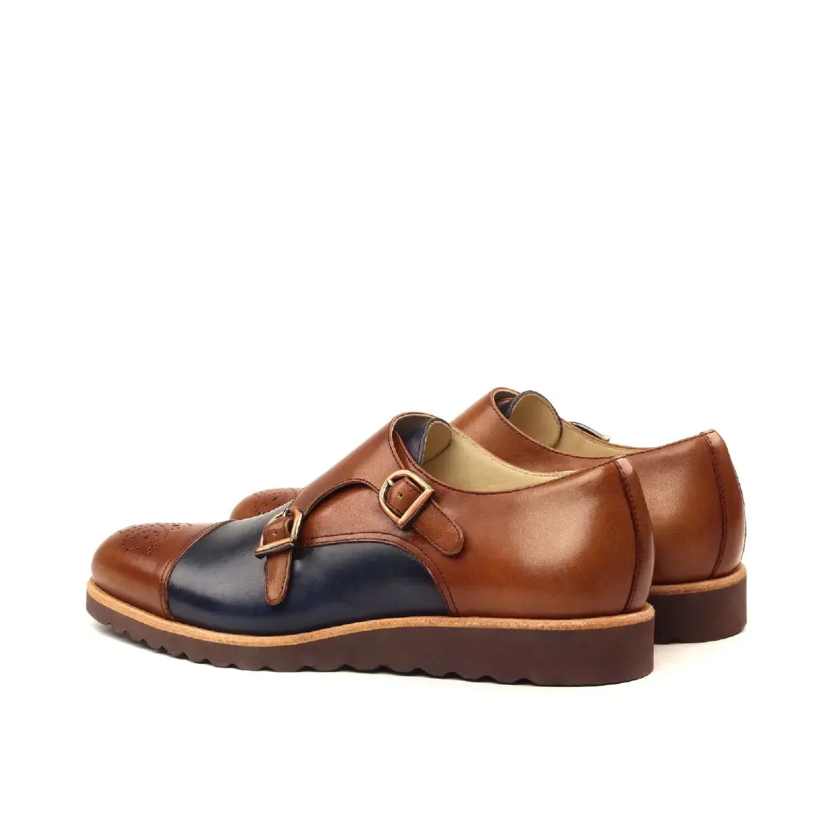 DapperFam Monaco in Med Brown / Navy Men's Italian Leather Double Monk