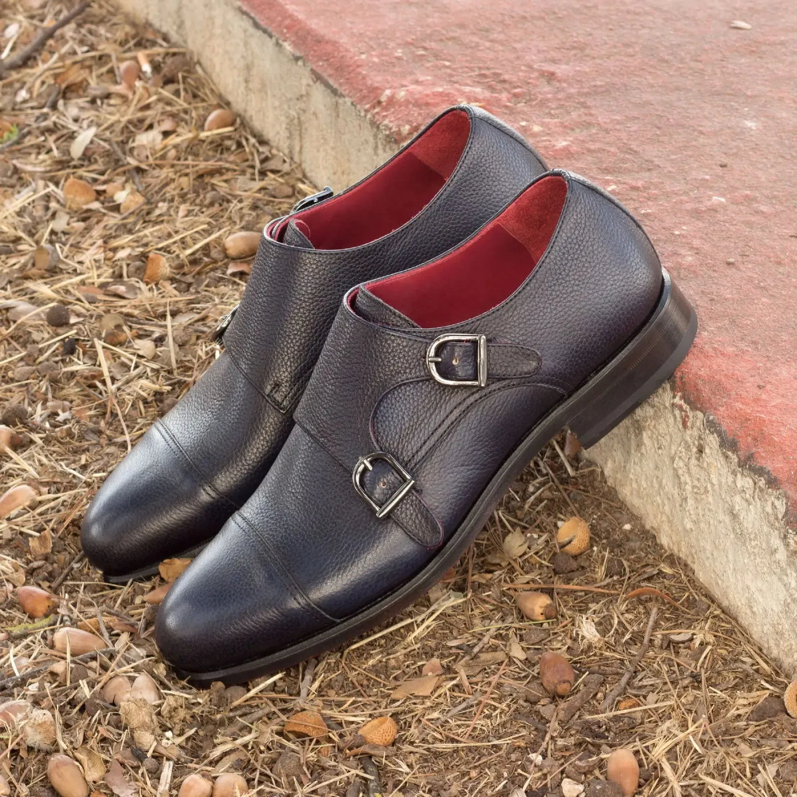 DapperFam Monaco in Navy Men's Italian Full Grain Leather Double Monk