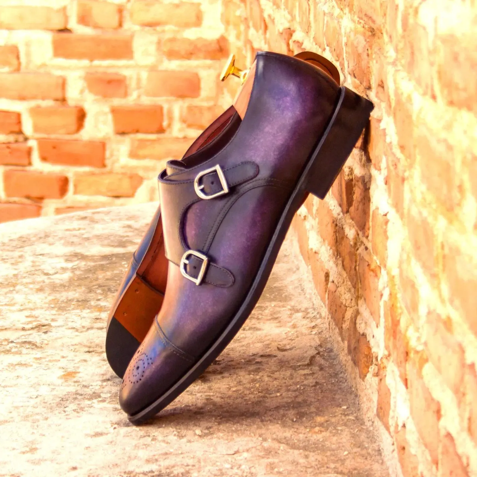 DapperFam Monaco in Purple Men's Hand-Painted Patina Double Monk