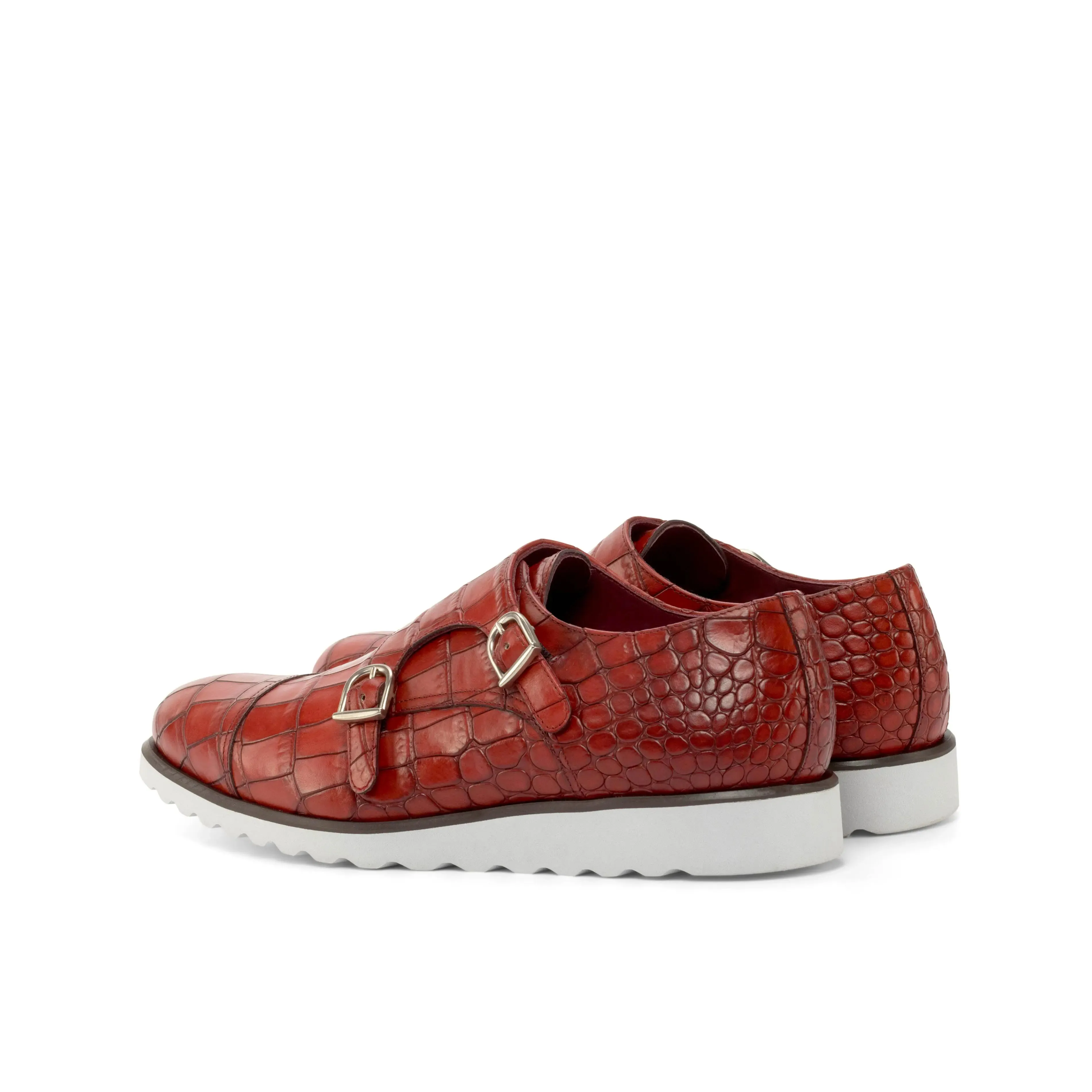 DapperFam Monaco in Red Men's Italian Croco Embossed Leather Double Monk