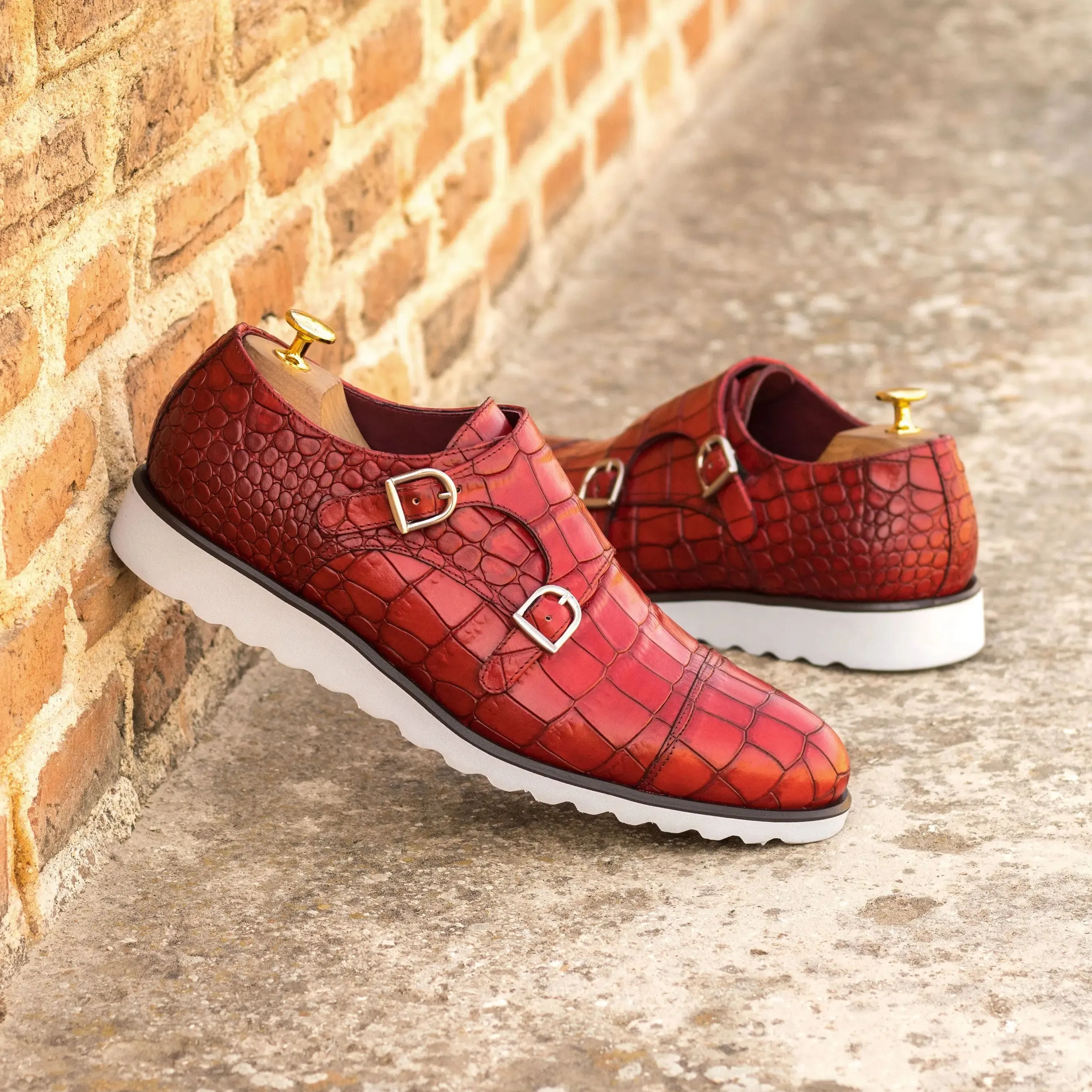 DapperFam Monaco in Red Men's Italian Croco Embossed Leather Double Monk