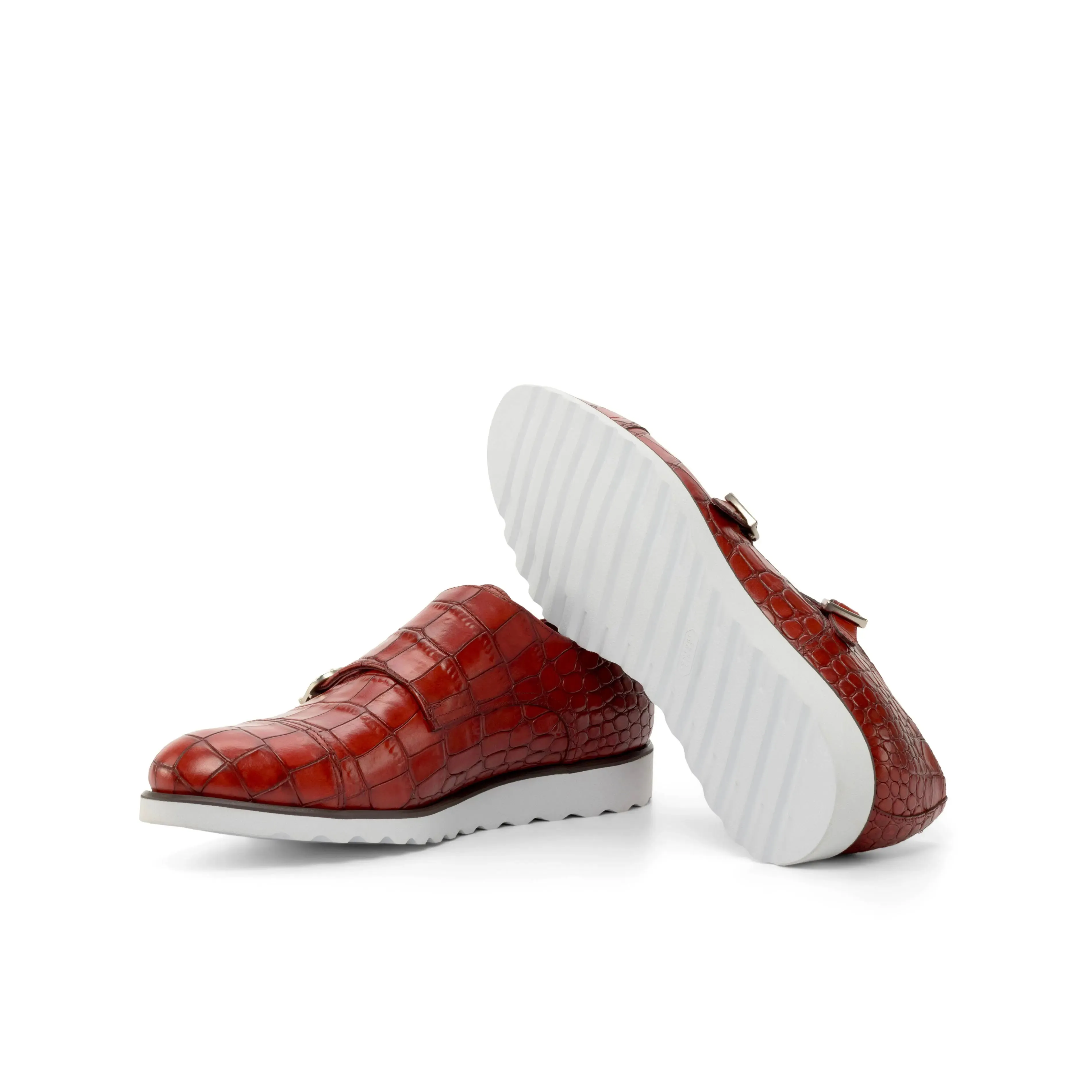 DapperFam Monaco in Red Men's Italian Croco Embossed Leather Double Monk
