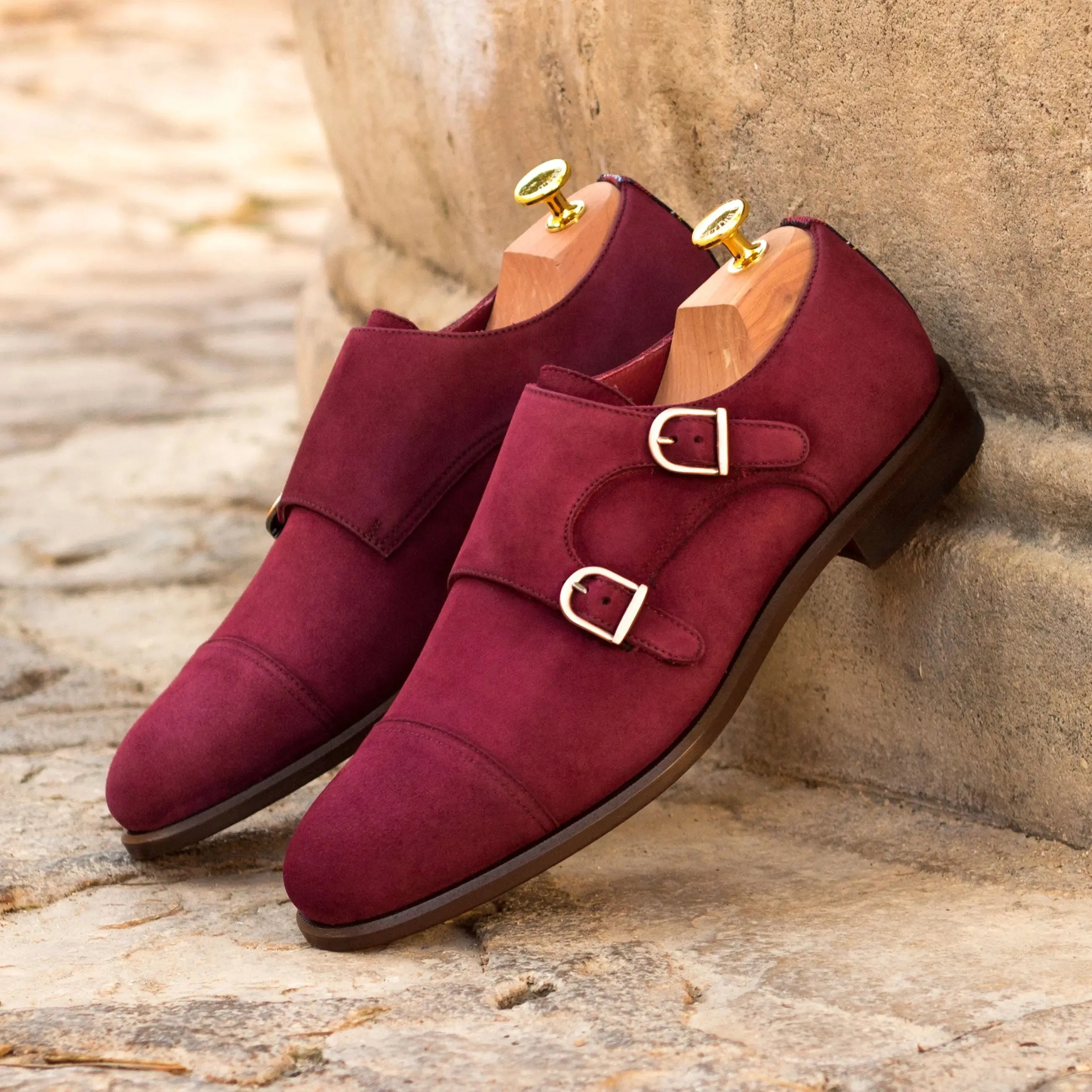 DapperFam Monaco in Tartan / Wine Men's Sartorial & Italian Suede Double Monk