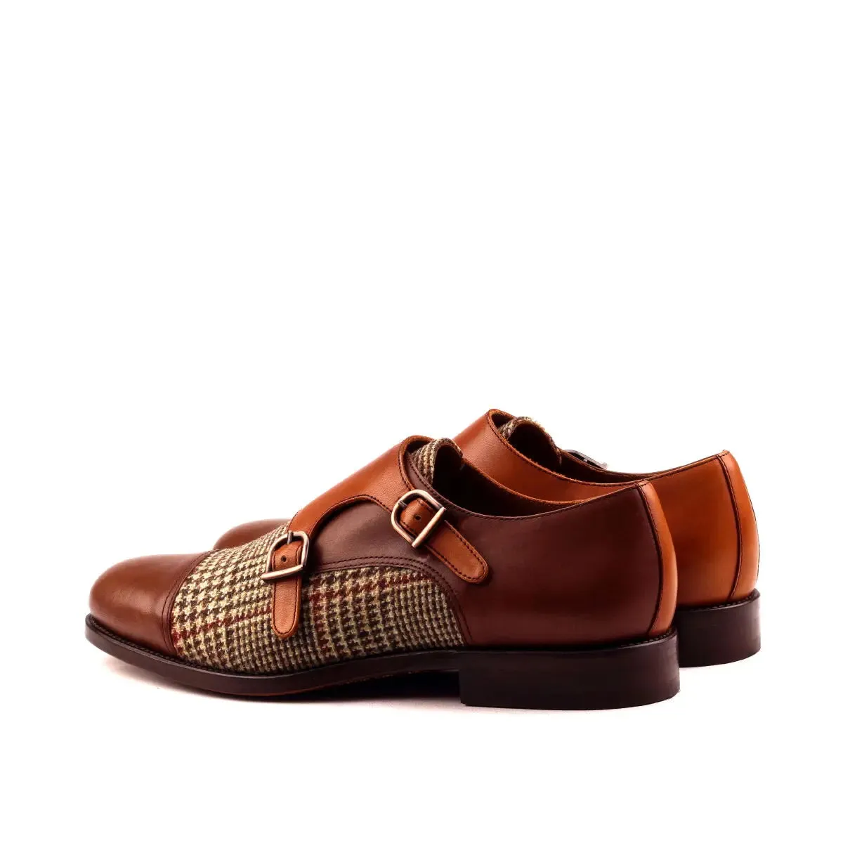 DapperFam Monaco in Tweed / Cognac / Med Brown Men's Sartorial & Italian Leather Double Monk