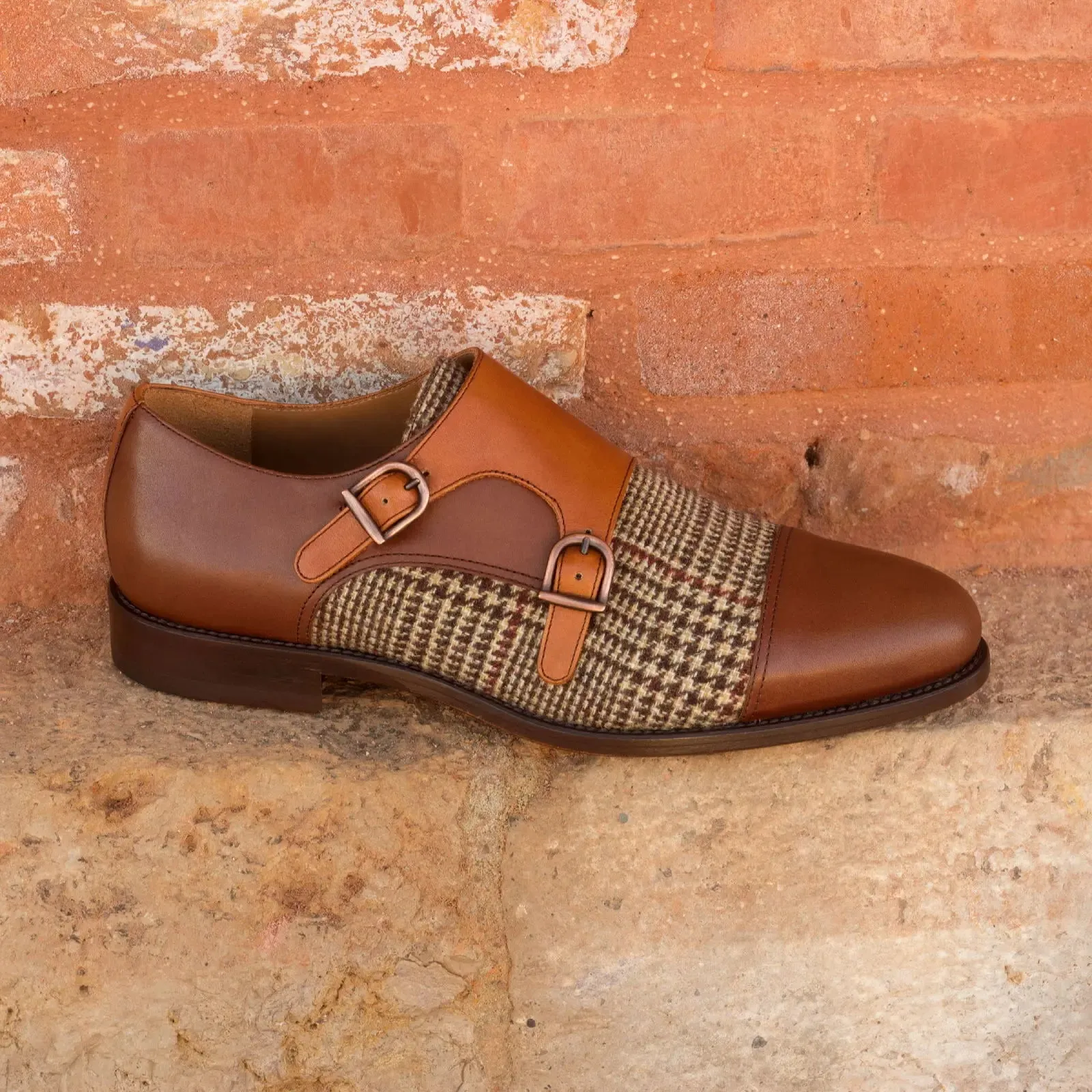 DapperFam Monaco in Tweed / Cognac / Med Brown Men's Sartorial & Italian Leather Double Monk