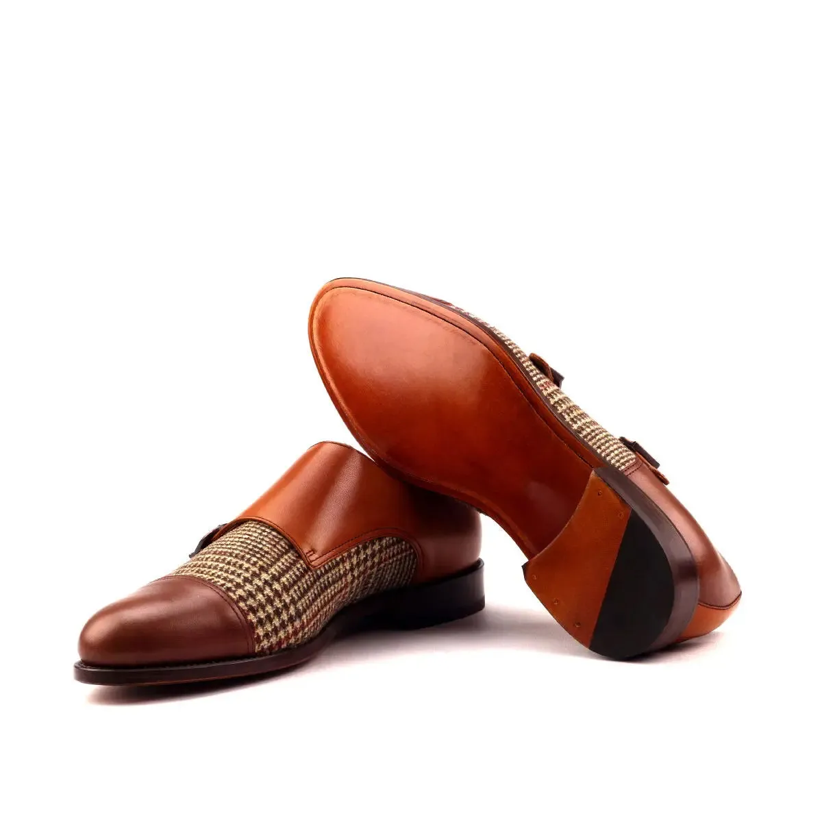 DapperFam Monaco in Tweed / Cognac / Med Brown Men's Sartorial & Italian Leather Double Monk