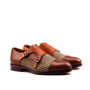 DapperFam Monaco in Tweed / Cognac / Med Brown Men's Sartorial & Italian Leather Double Monk