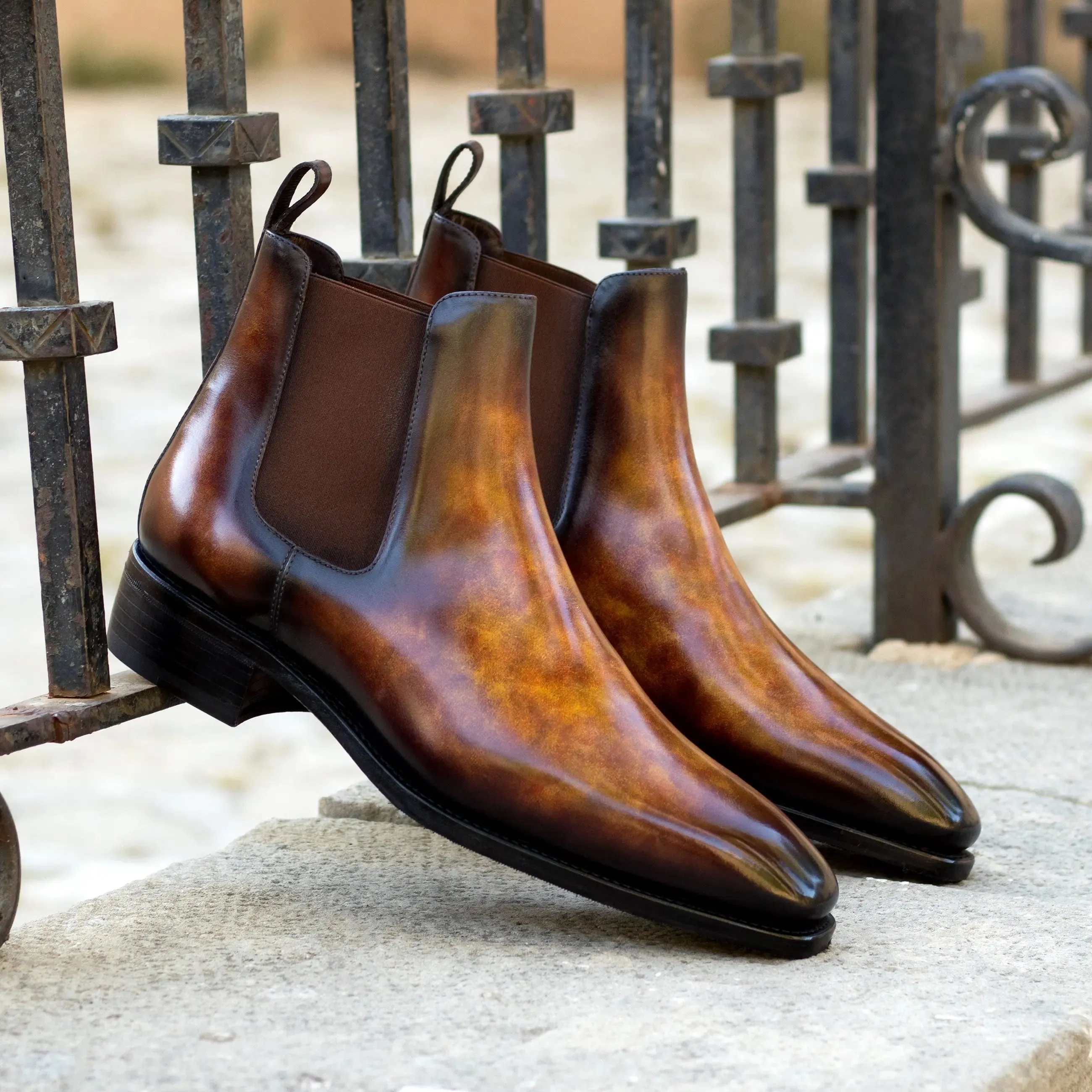 DapperFam Monza in Fire Men's Hand-Painted Patina Chelsea Boot