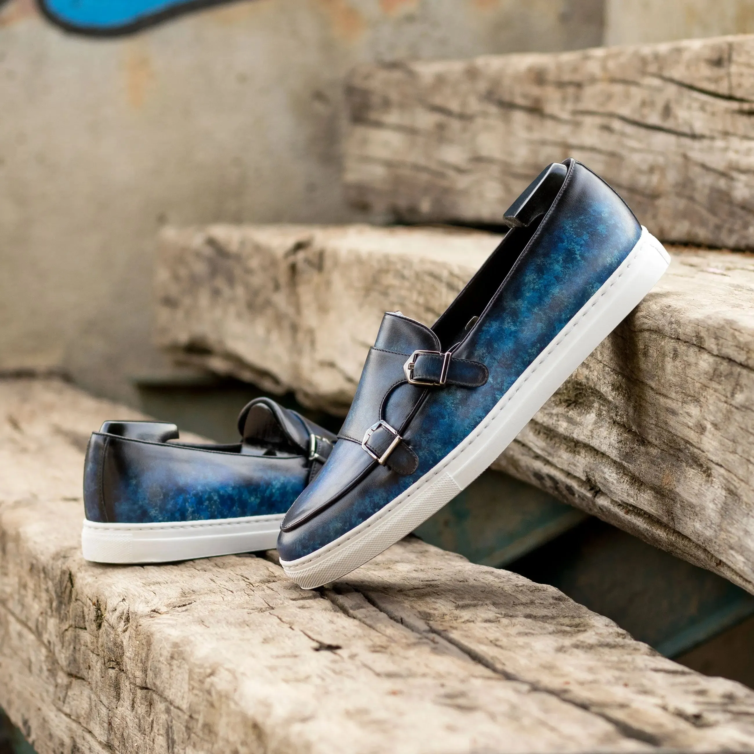 DapperFam Riviera in Navy Men's Hand-Painted Italian Leather Monk Sneaker