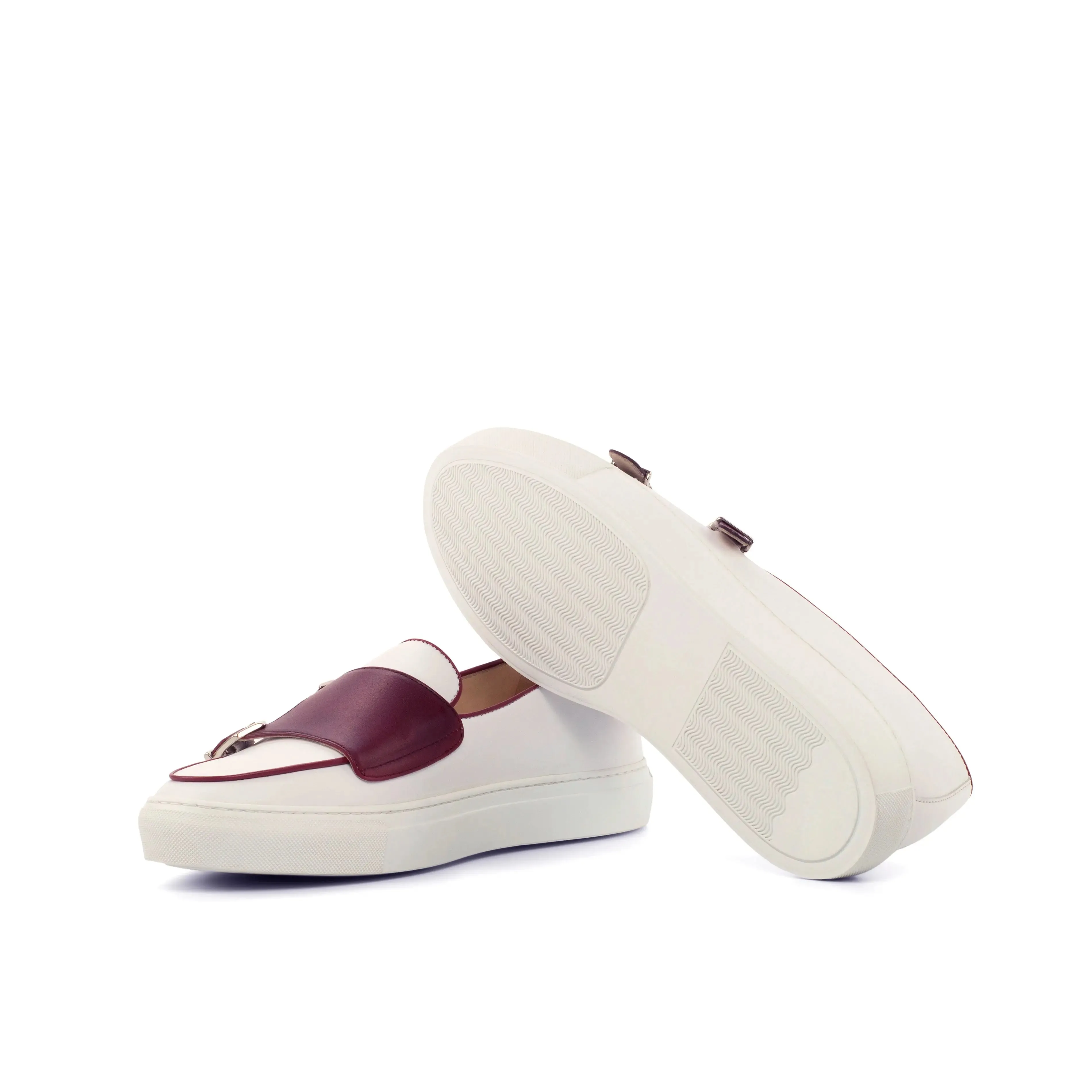 DapperFam Riviera in White / Burgundy Men's Italian Leather Monk Sneaker