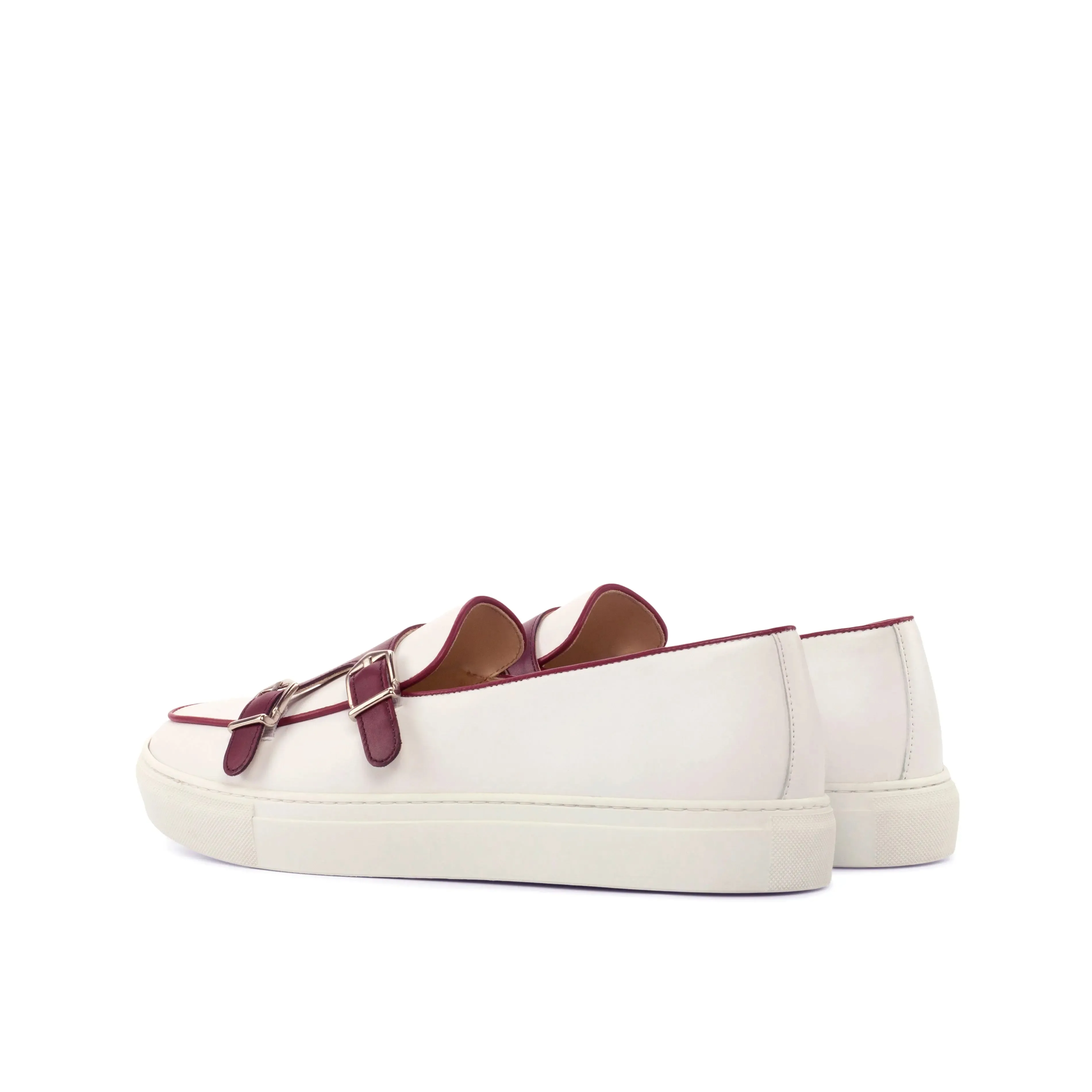 DapperFam Riviera in White / Burgundy Men's Italian Leather Monk Sneaker