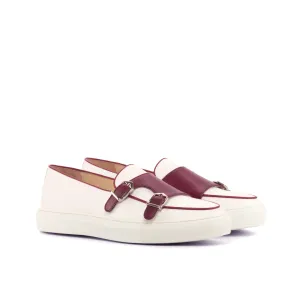DapperFam Riviera in White / Burgundy Men's Italian Leather Monk Sneaker