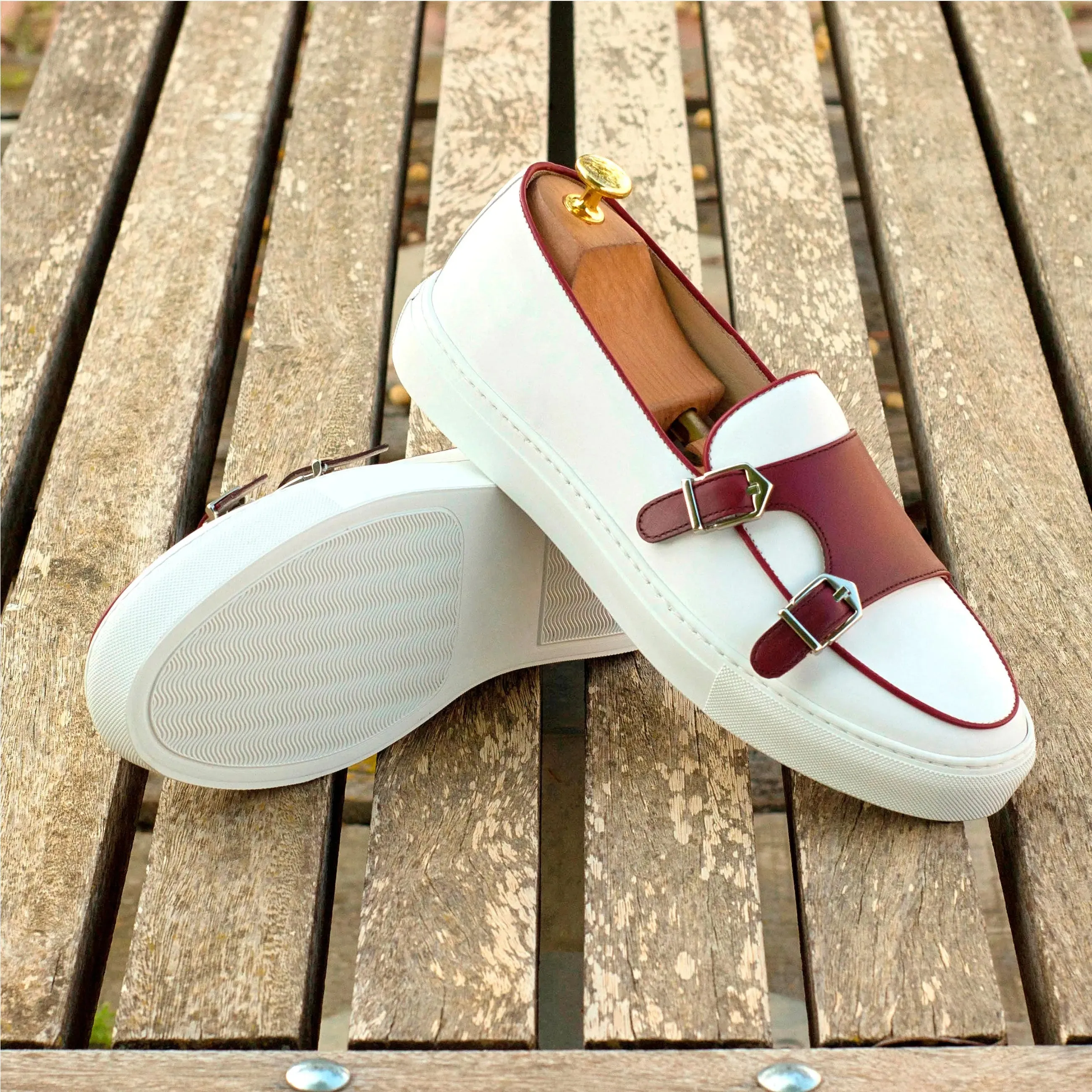 DapperFam Riviera in White / Burgundy Men's Italian Leather Monk Sneaker