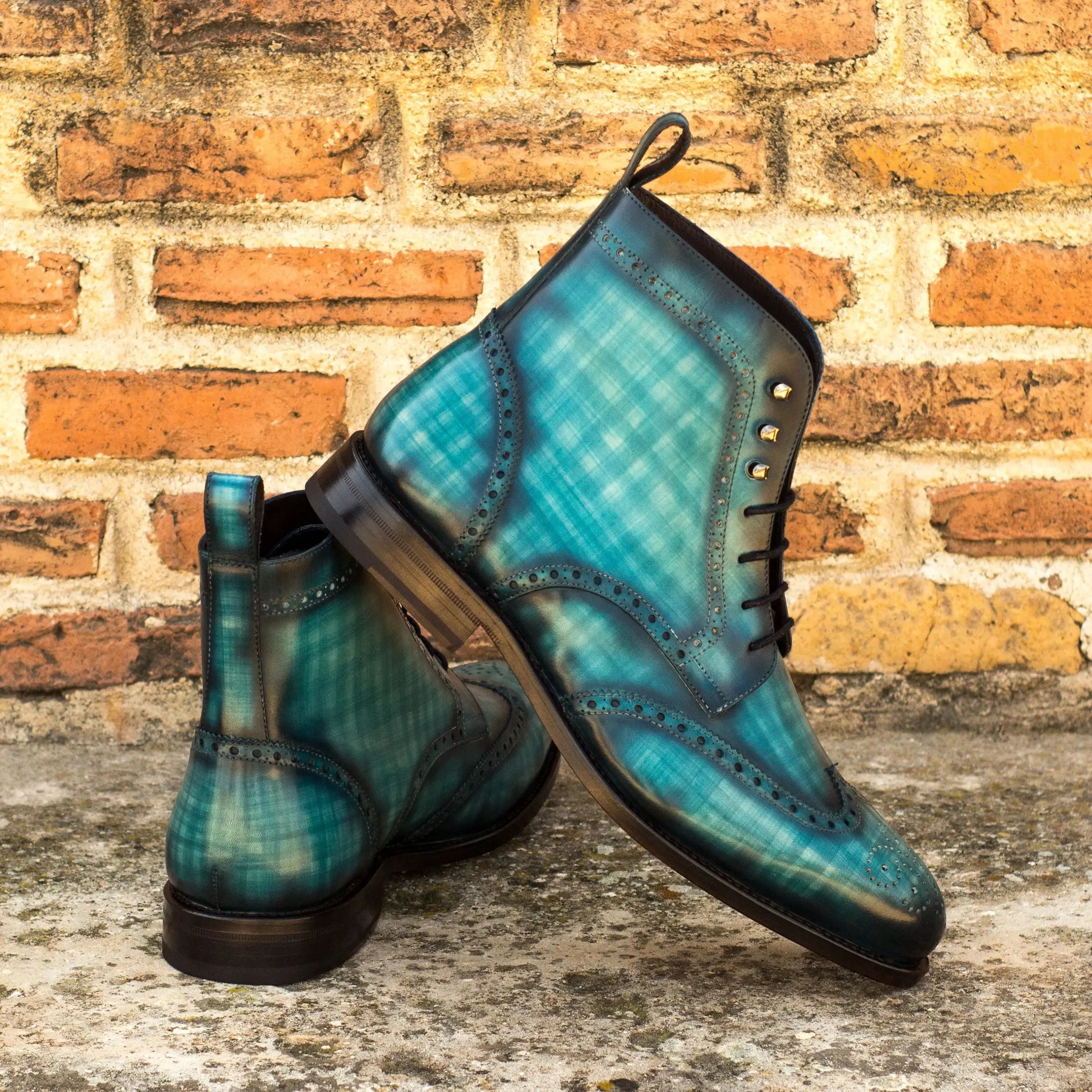 DapperFam Valiant in Turquoise Men's Hand-Painted Patina Military Brogue
