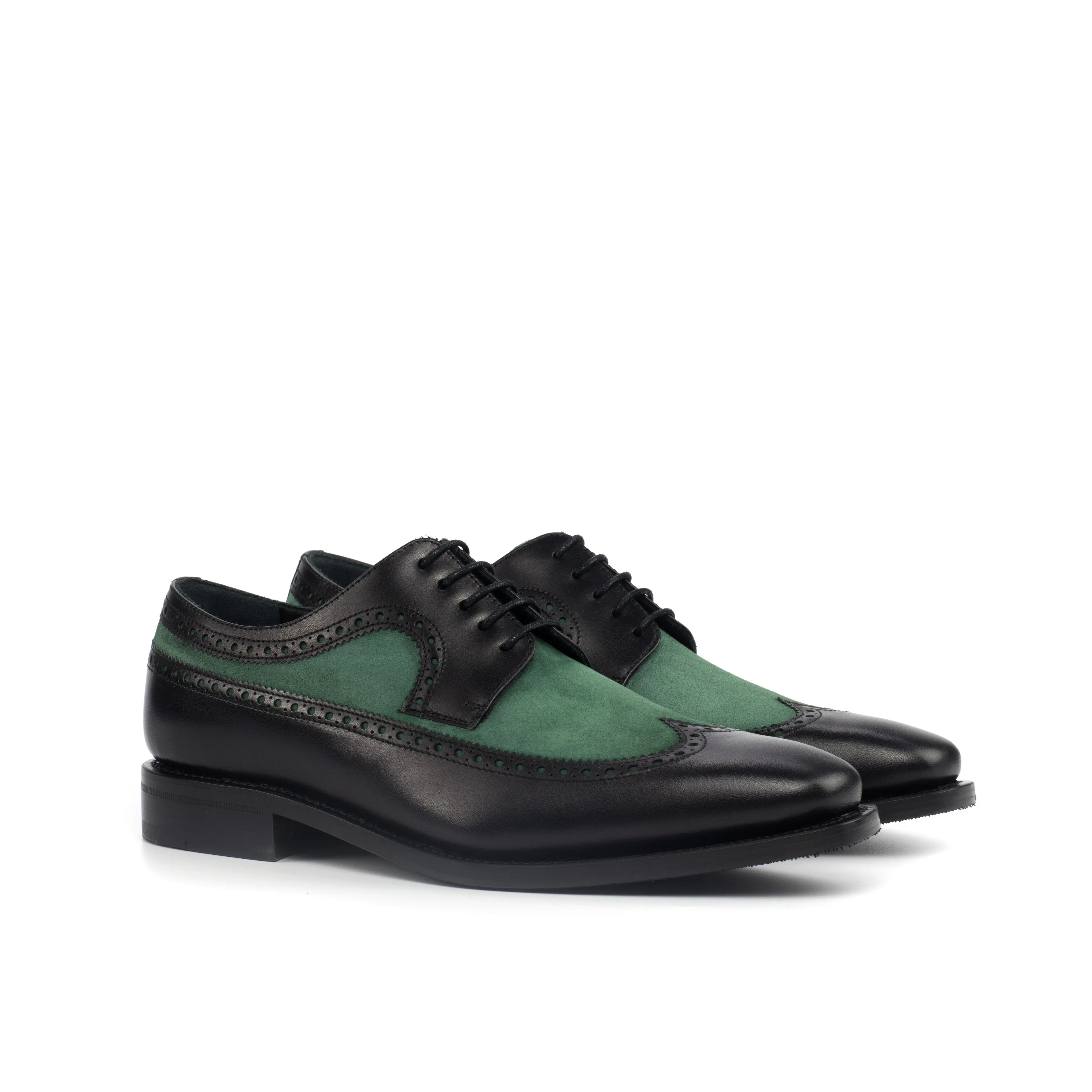 DapperFam Zephyr in Black / Forest Men's Italian Suede & Leather Longwing Blucher