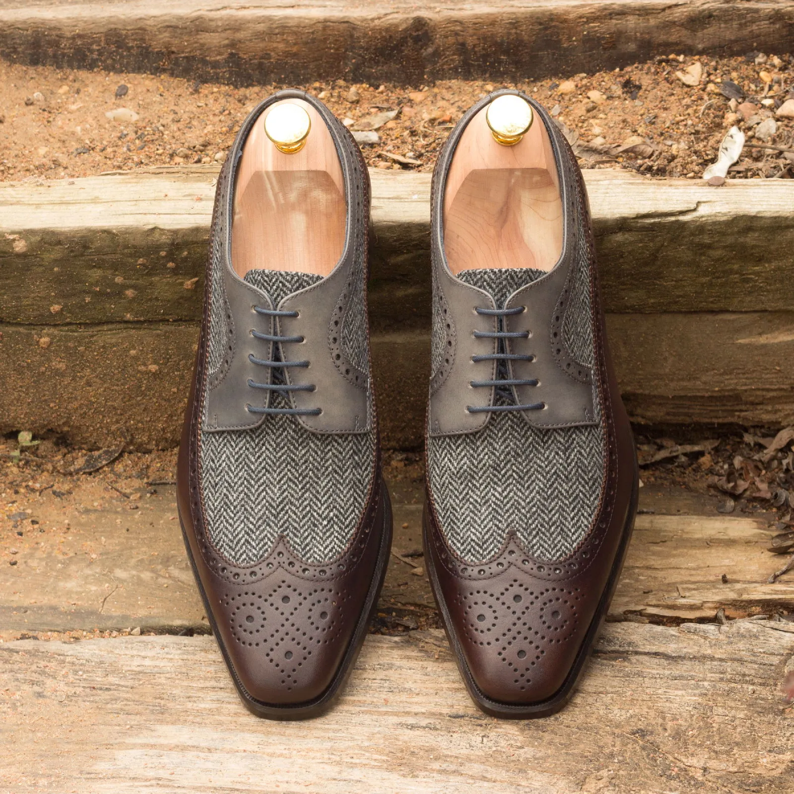 DapperFam Zephyr in Dark Brown / Herringbone / Grey Men's Sartorial & Italian Leather Longwing Blucher