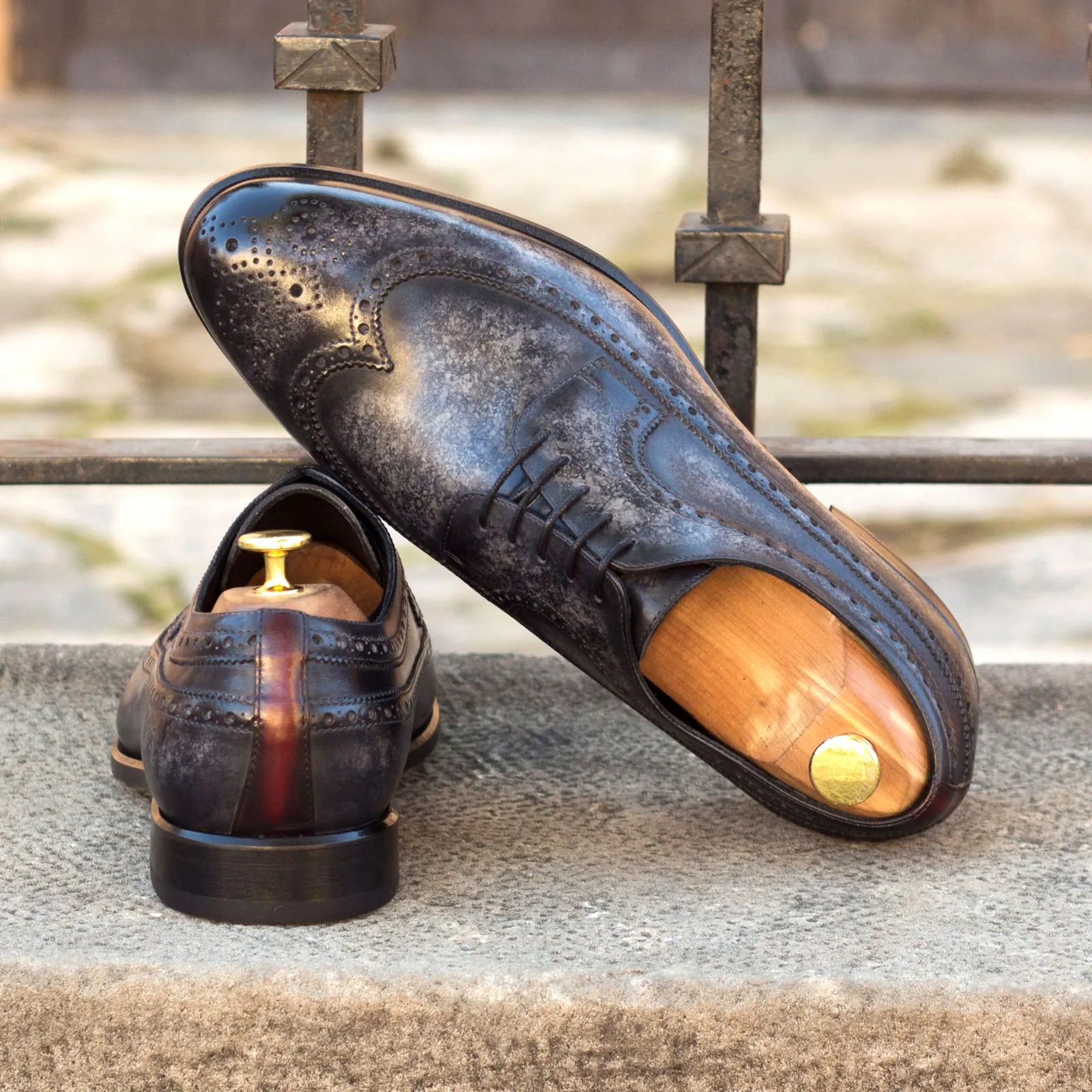 DapperFam Zephyr in Grey / Red Men's Hand-Painted Patina & Italian Leather Longwing Blucher