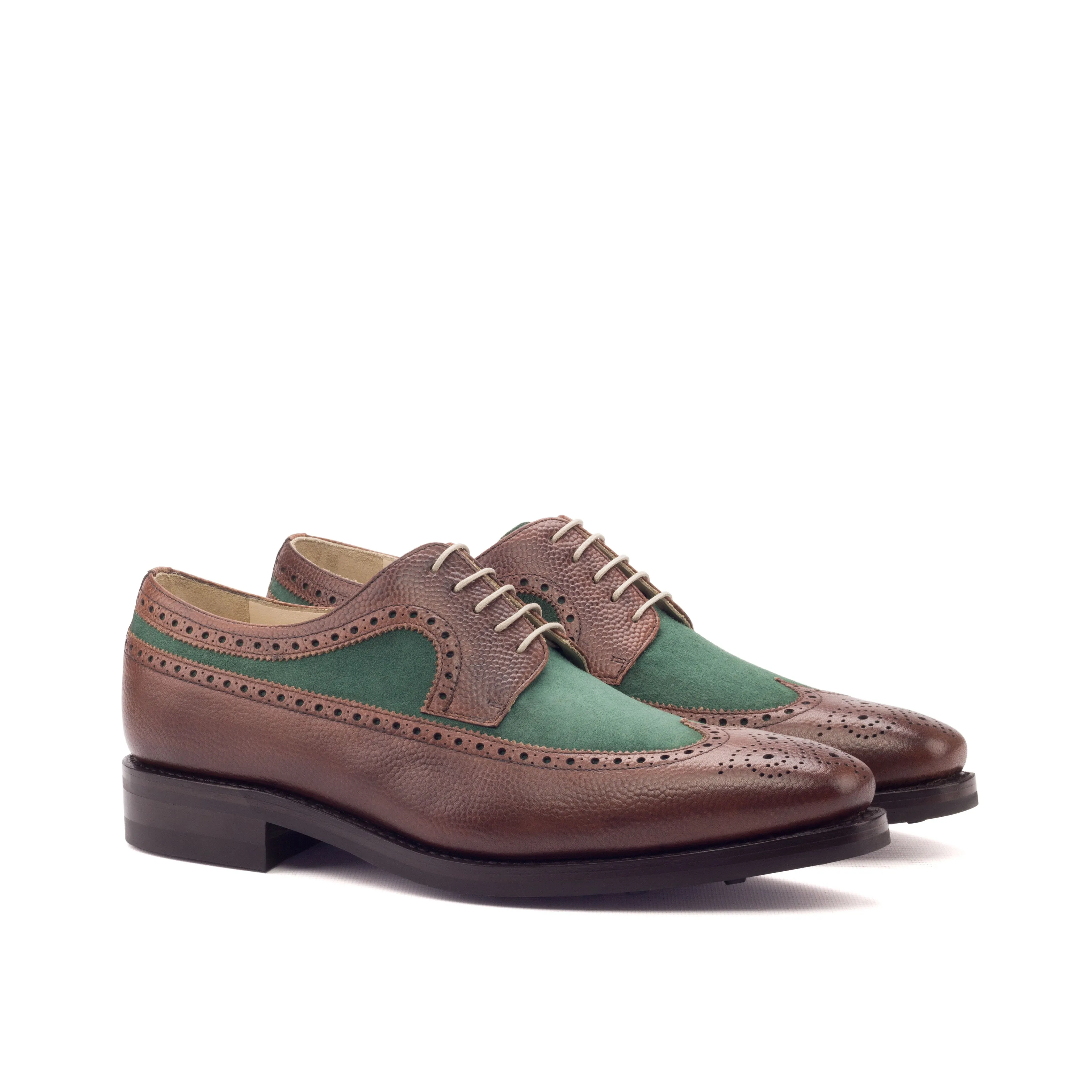 DapperFam Zephyr in Med Brown / Forest Men's Italian Suede & Italian Pebble Grain Leather Longwing Blucher