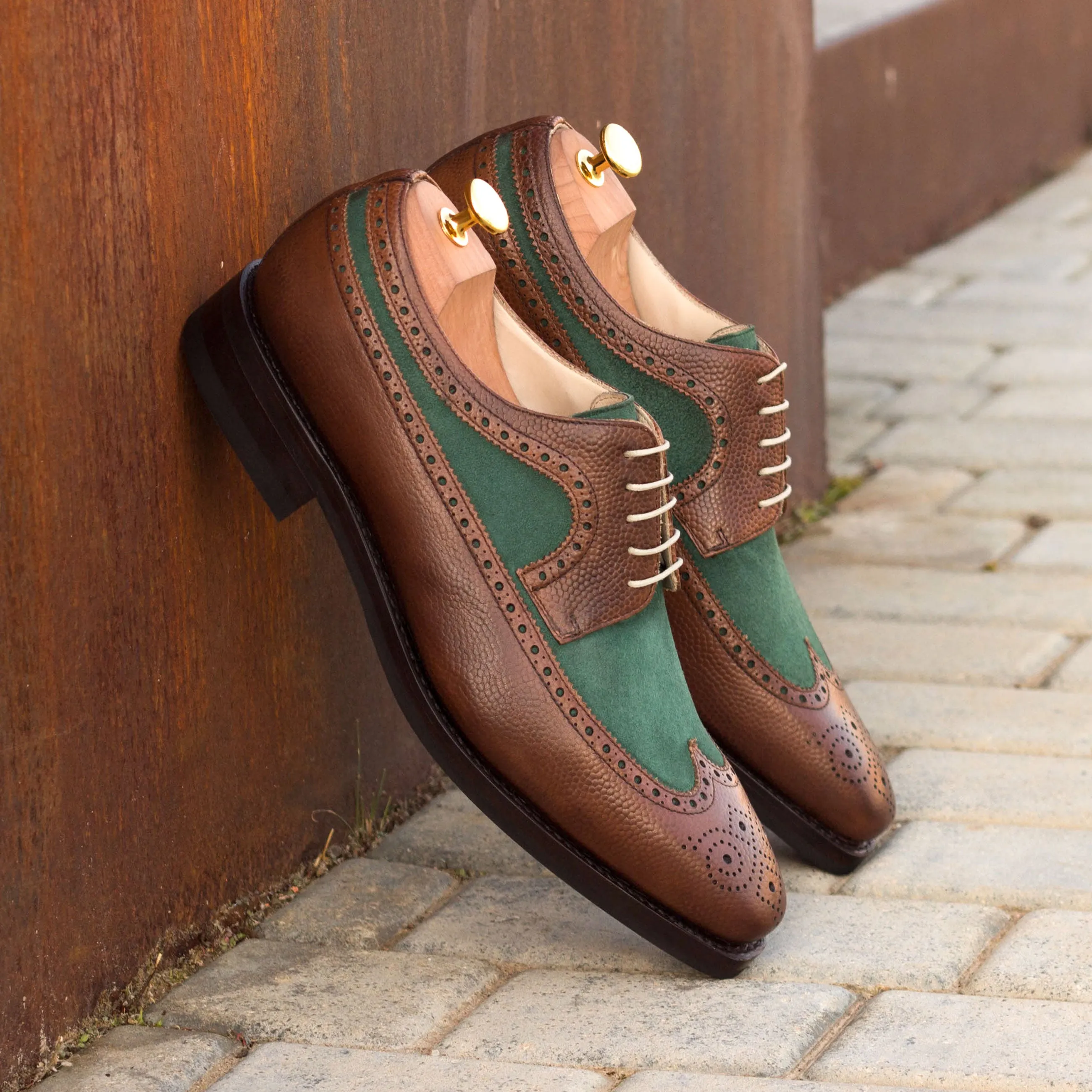 DapperFam Zephyr in Med Brown / Forest Men's Italian Suede & Italian Pebble Grain Leather Longwing Blucher