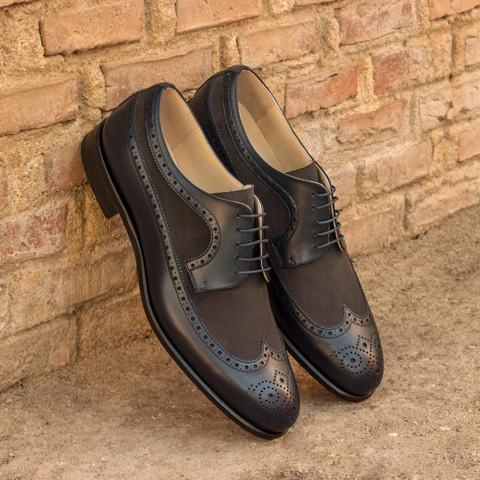 DapperFam Zephyr in Navy / Grey Men's Italian Leather & Lux Suede Longwing Blucher