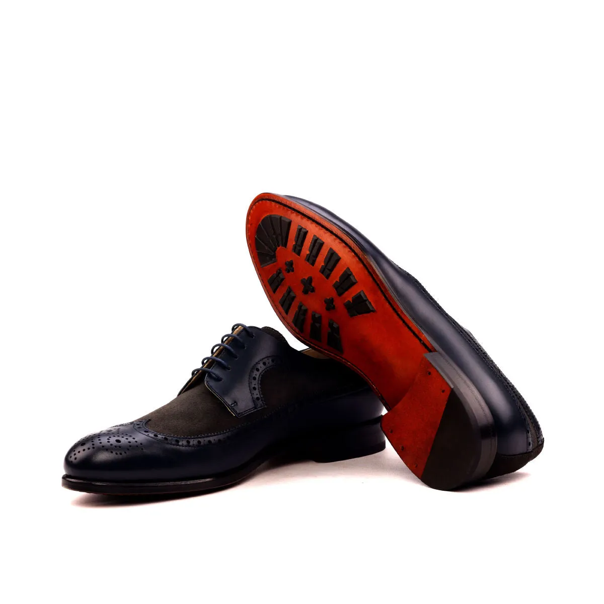 DapperFam Zephyr in Navy / Grey Men's Italian Leather & Lux Suede Longwing Blucher
