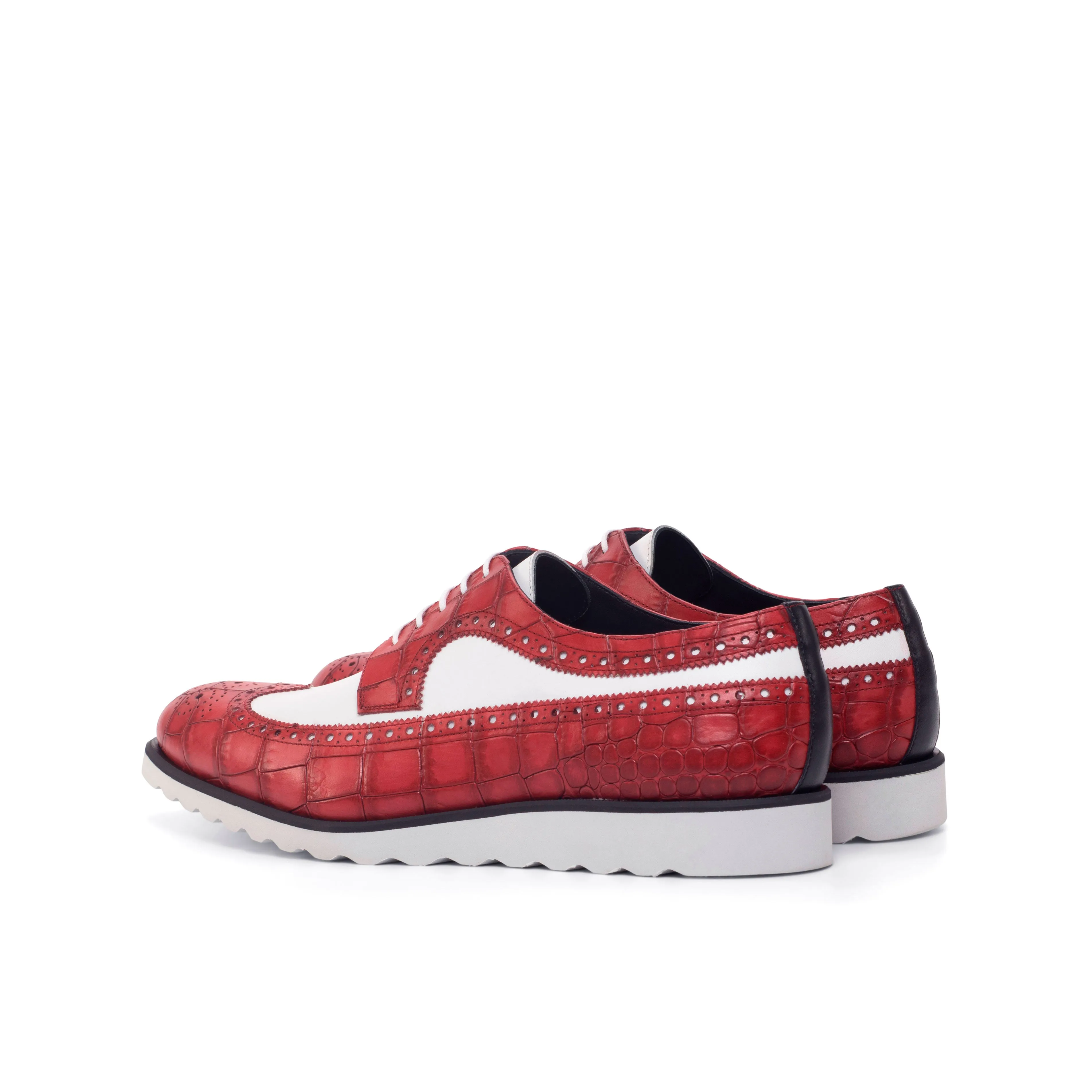 DapperFam Zephyr in White / Red / Black Men's Italian Croco Embossed Leather Longwing Blucher