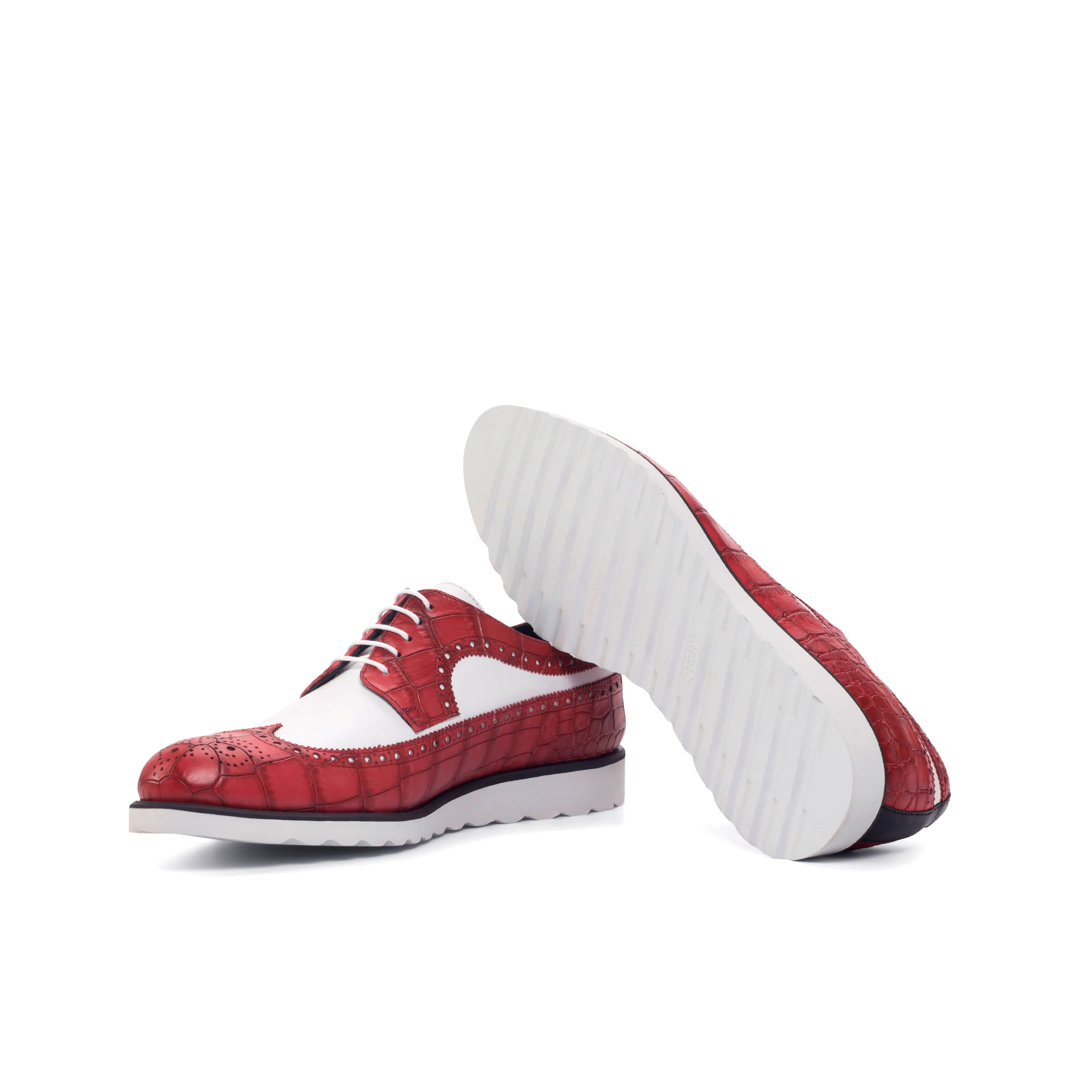 DapperFam Zephyr in White / Red / Black Men's Italian Croco Embossed Leather Longwing Blucher