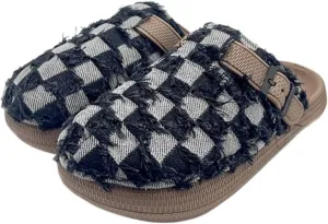 Denim Checkerboard Clogs Canvas Slippers Slip Resistant Mules Adjustable Backstrap House Garden Clogs Mules Nonslip Ergonomic Footbed for Women Outdoor Daily Wear