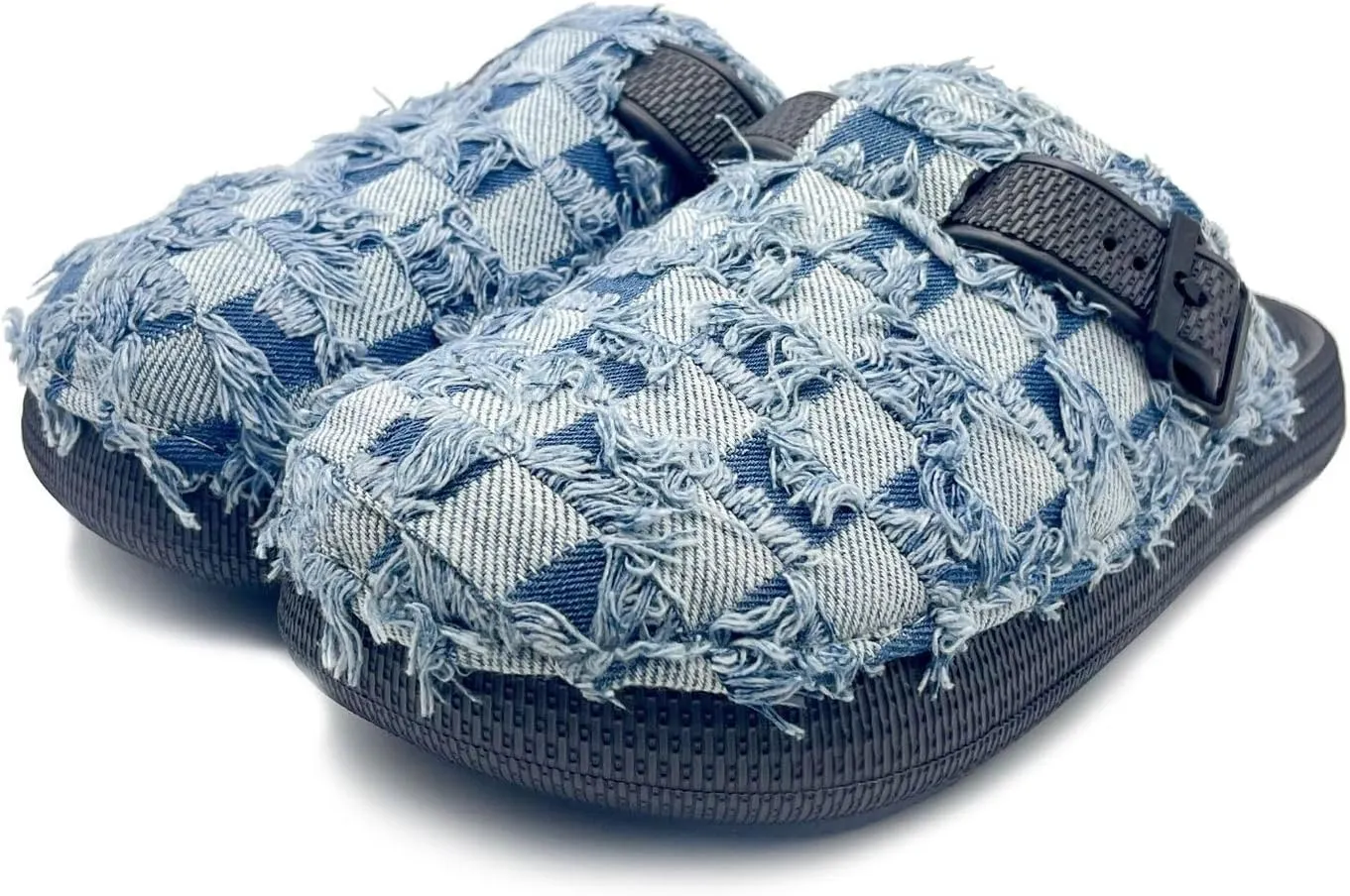 Denim Checkerboard Clogs Canvas Slippers Slip Resistant Mules Adjustable Backstrap House Garden Clogs Mules Nonslip Ergonomic Footbed for Women Outdoor Daily Wear