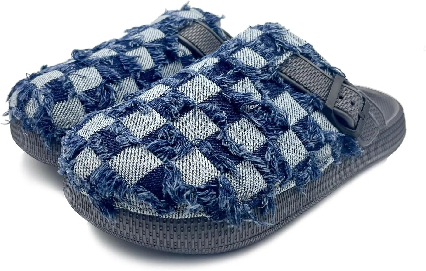 Denim Checkerboard Clogs Canvas Slippers Slip Resistant Mules Adjustable Backstrap House Garden Clogs Mules Nonslip Ergonomic Footbed for Women Outdoor Daily Wear