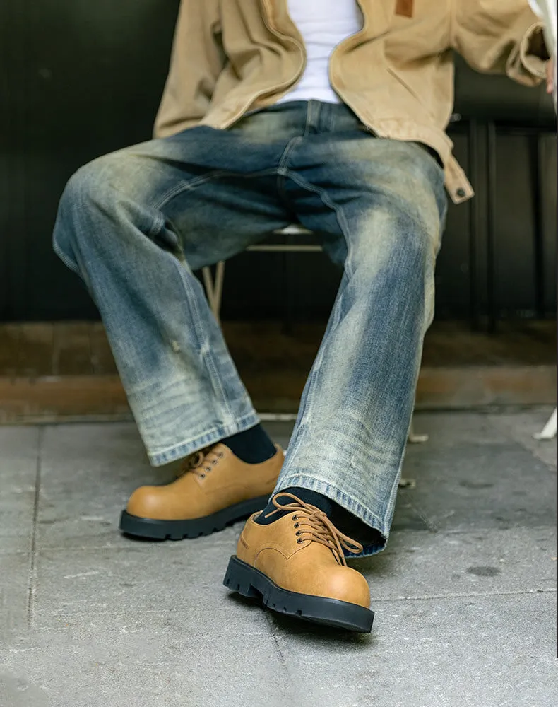 Derby Big Head Workwear Low-Top Yellow Leather Men's Dress Shoes