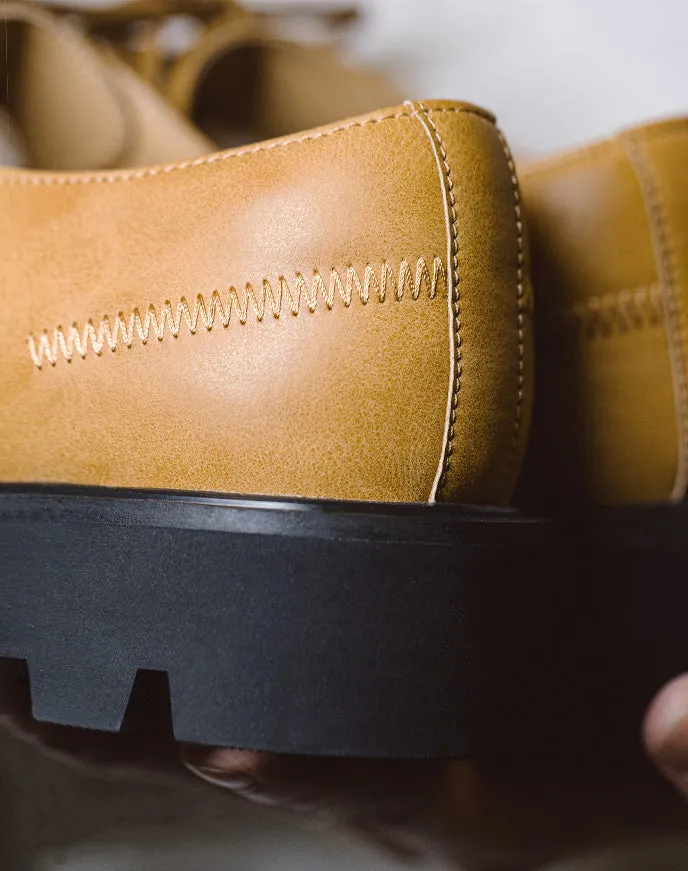 Derby Big Head Workwear Low-Top Yellow Leather Men's Dress Shoes
