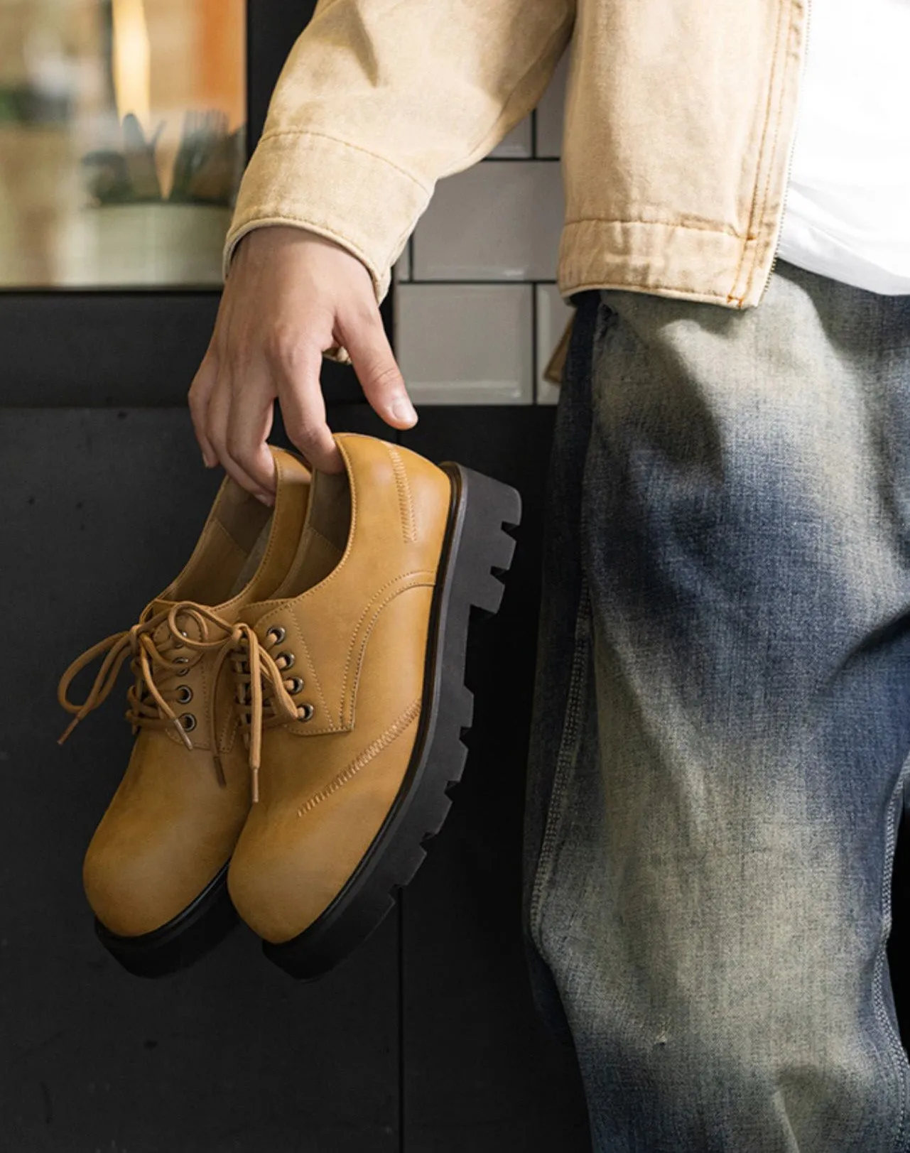 Derby Big Head Workwear Low-Top Yellow Leather Men's Dress Shoes