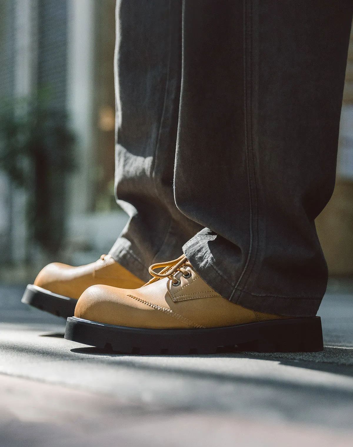 Derby Big Head Workwear Low-Top Yellow Leather Men's Dress Shoes