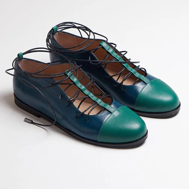 Dinieh T-Strap Shoe | Forest & Petrol Calfskin Leather