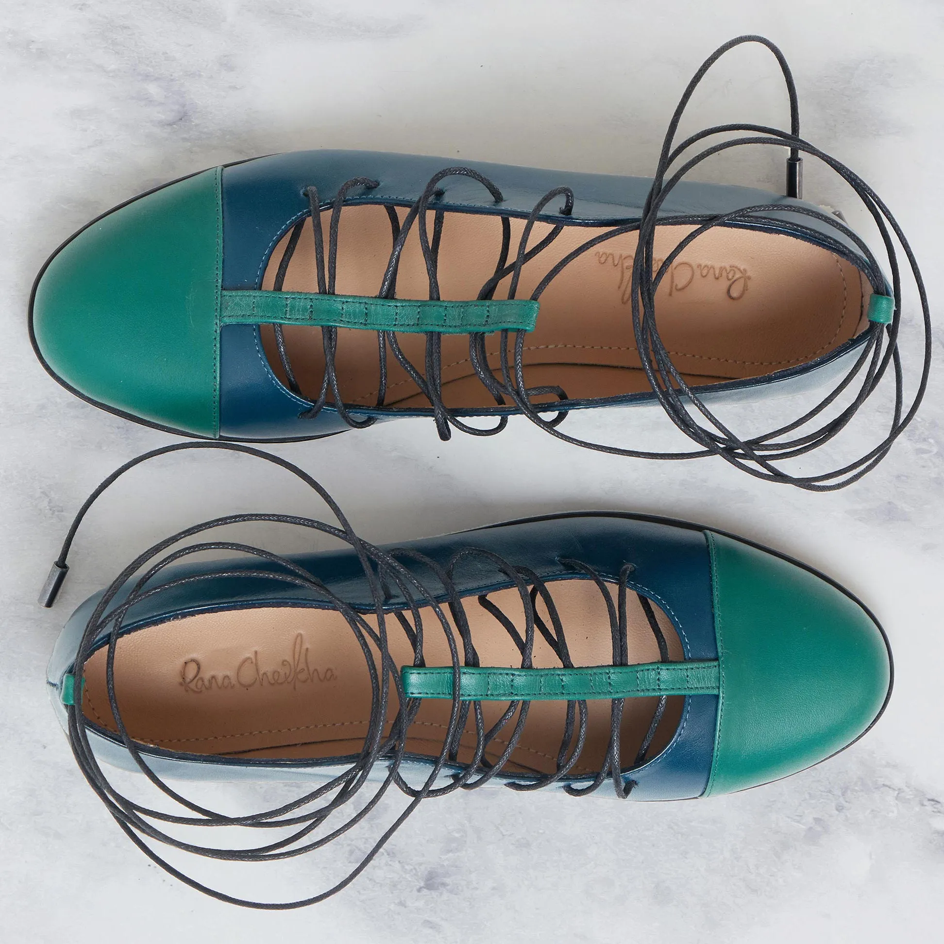 Dinieh T-Strap Shoe | Forest & Petrol Calfskin Leather