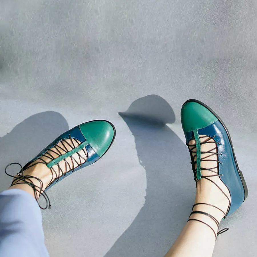Dinieh T-Strap Shoe | Forest & Petrol Calfskin Leather