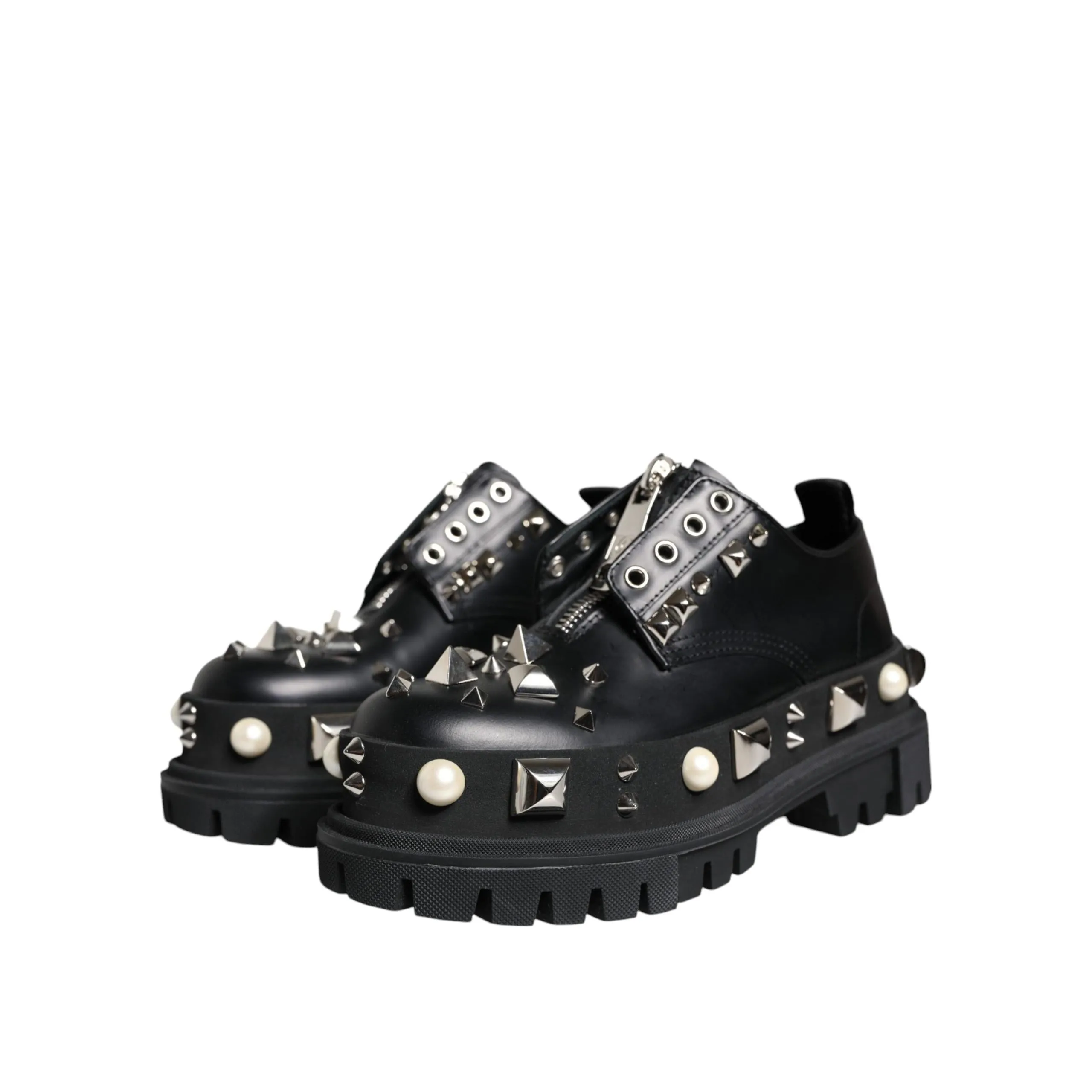 Dolce & Gabbana Black Leather Embellished Derby Formal Shoes