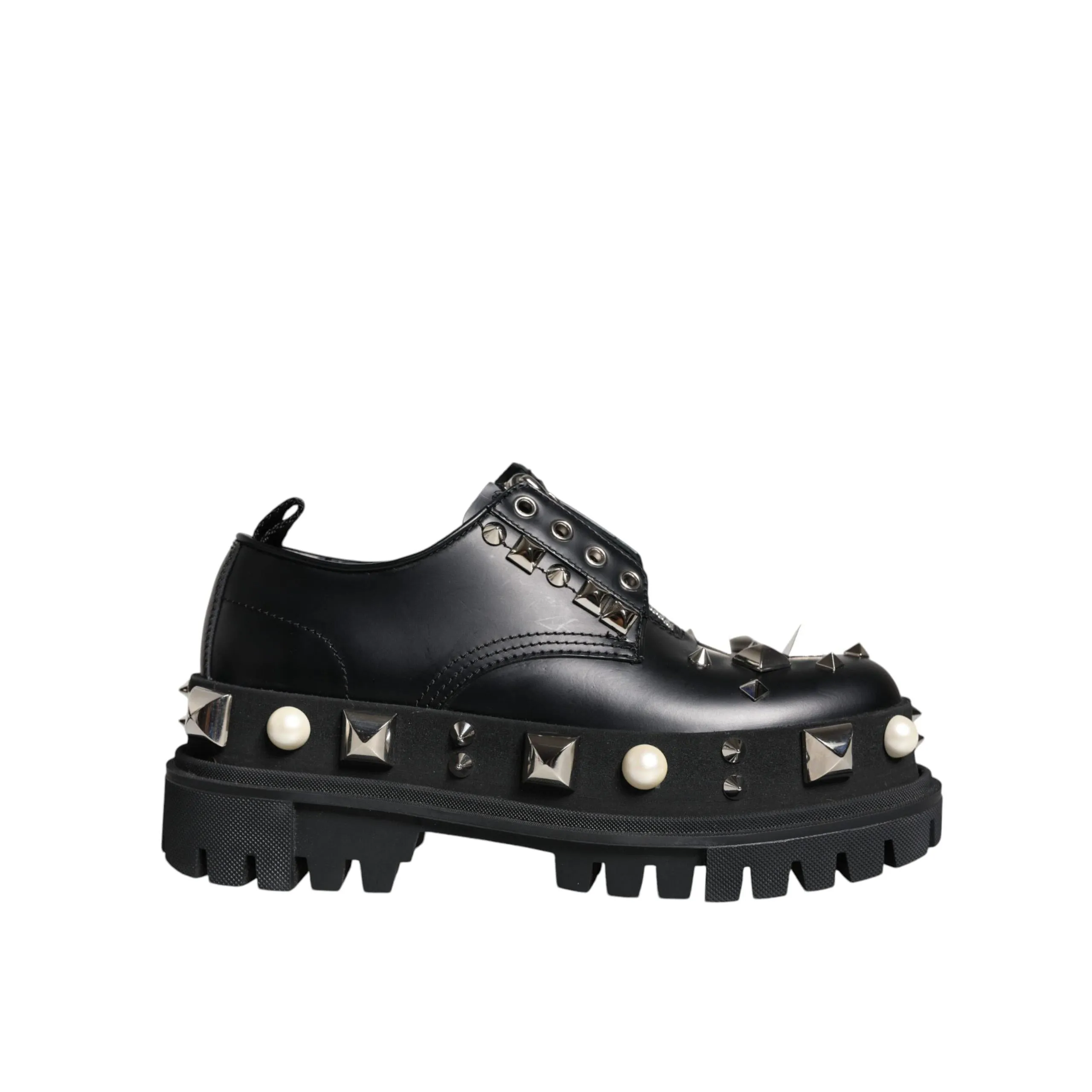 Dolce & Gabbana Black Leather Embellished Derby Formal Shoes