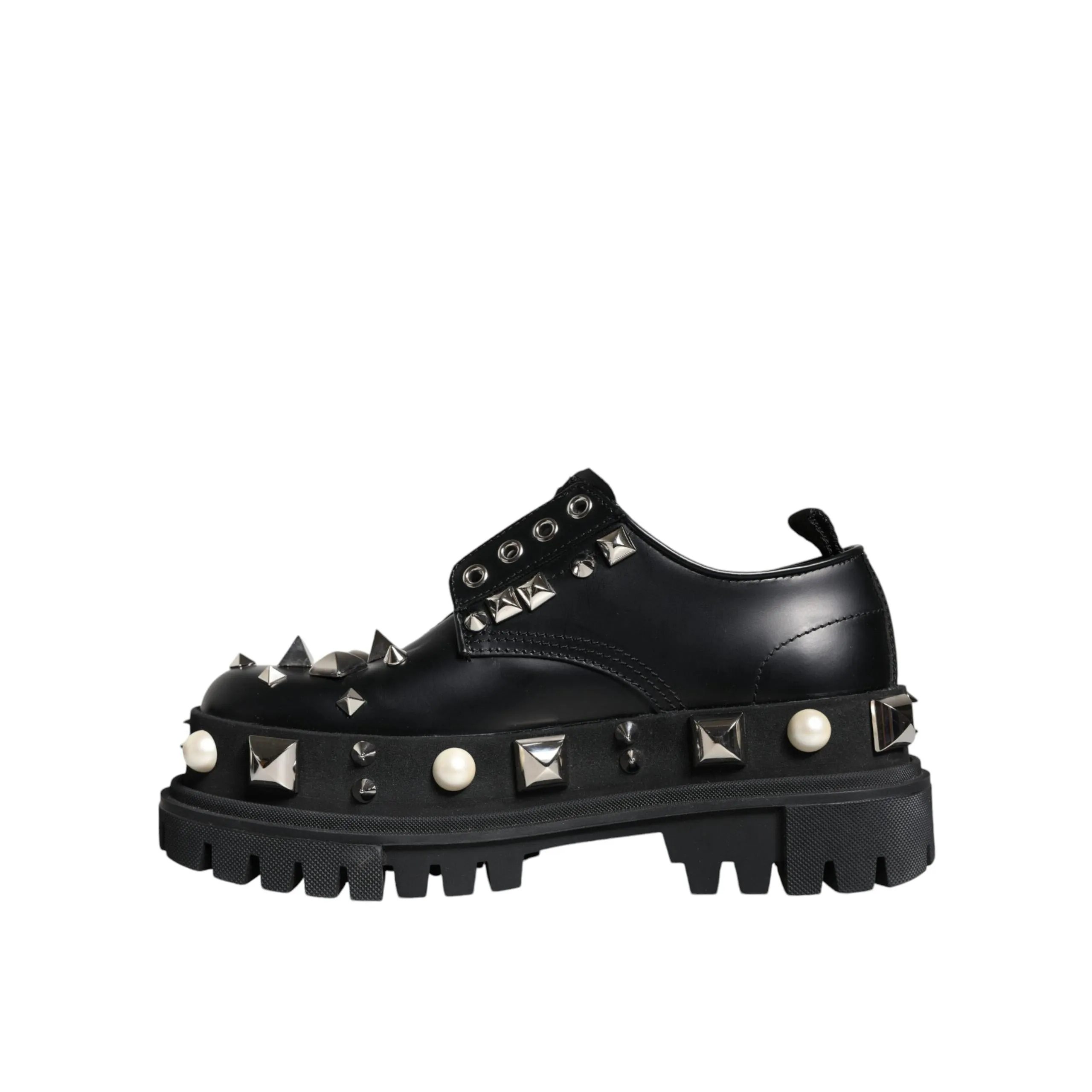 Dolce & Gabbana Black Leather Embellished Derby Formal Shoes