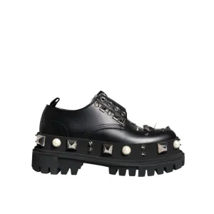 Dolce & Gabbana Black Leather Embellished Derby Formal Shoes