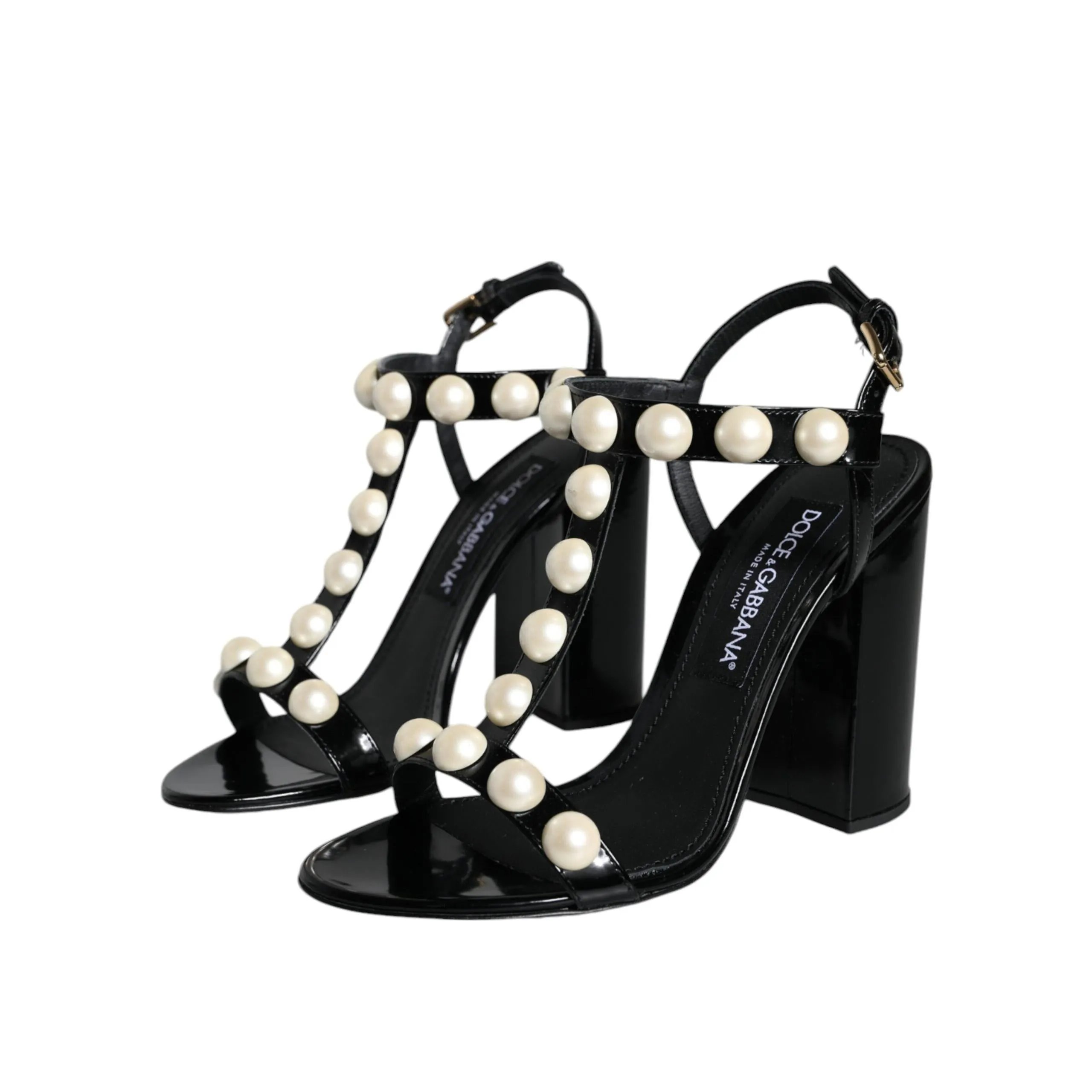 Dolce & Gabbana Black Leather Pearls T-strap Sandals Shoes