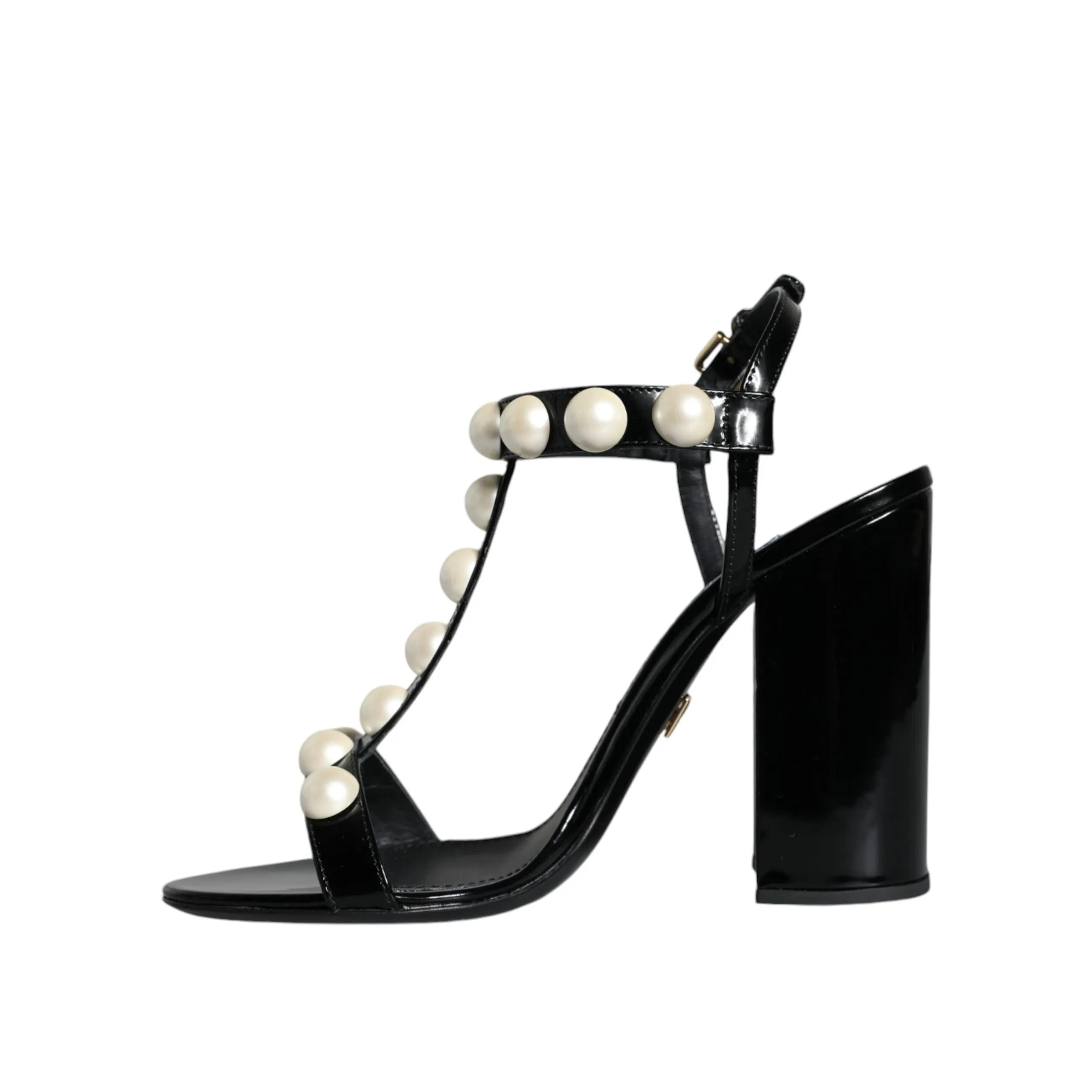 Dolce & Gabbana Black Leather Pearls T-strap Sandals Shoes