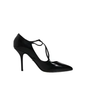 Dolce & Gabbana Black Leather T-strap Stiletto Heels Shoes