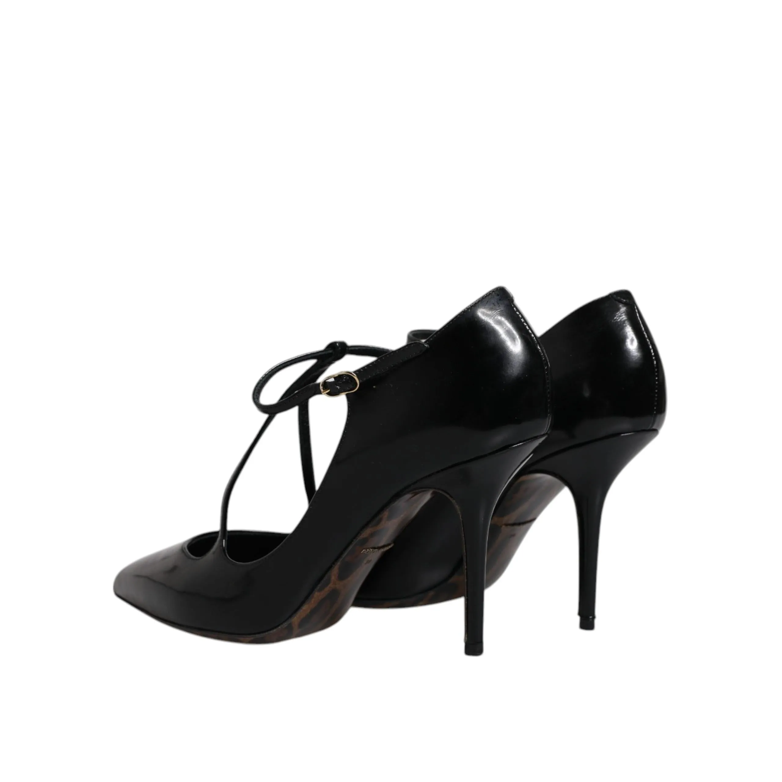 Dolce & Gabbana Black Leather T-strap Stiletto Heels Shoes