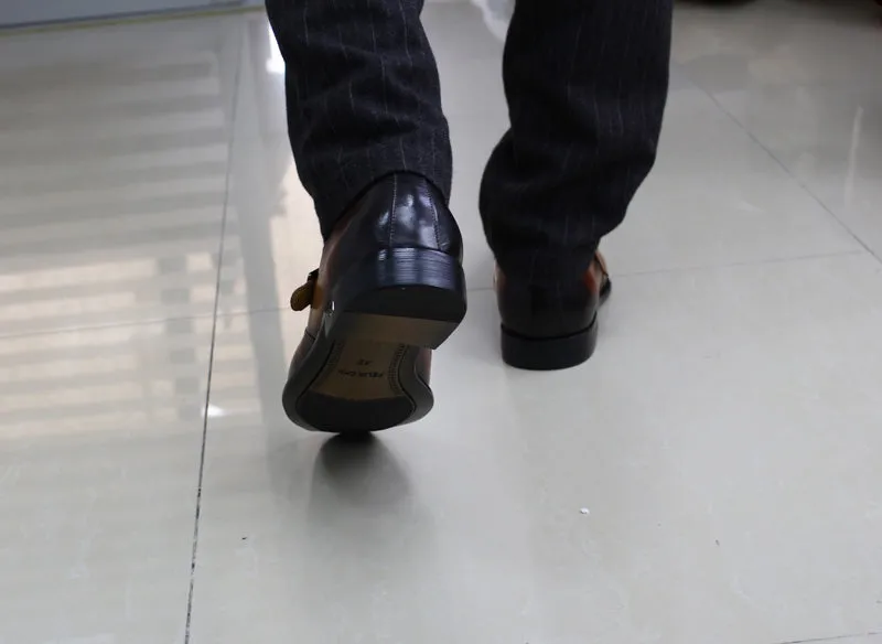 Elegant Handmade Pointed Toe Brown Leather Buckle Strap Men Loafer Shoes