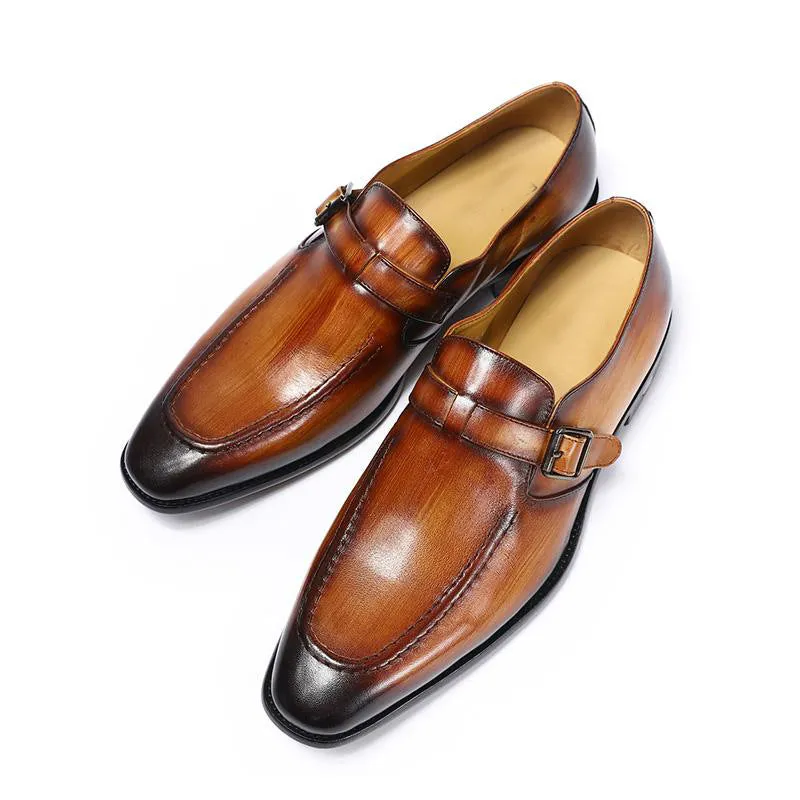 Elegant Handmade Pointed Toe Brown Leather Buckle Strap Men Loafer Shoes
