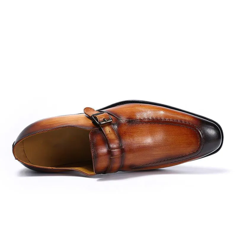 Elegant Handmade Pointed Toe Brown Leather Buckle Strap Men Loafer Shoes